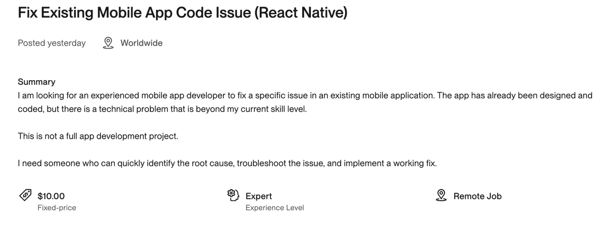 RektProLLC's tweet photo. Found this on Upwork! 10$ fix vibecoded react native app https://t.co/Bg921XJzt6