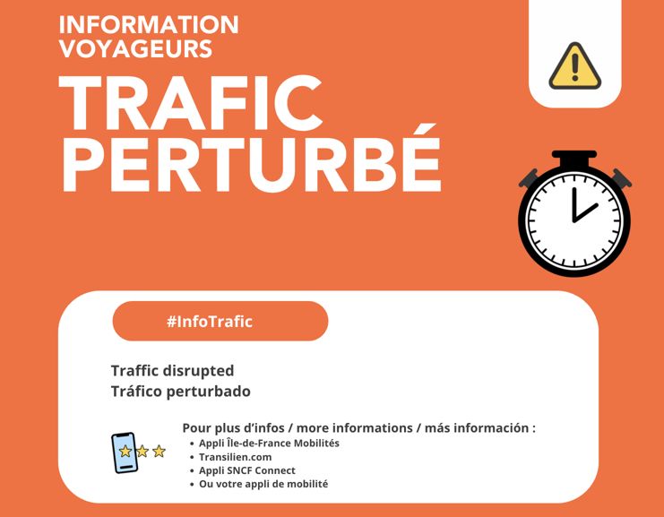 LIGNEV_SNCF's tweet photo. 🔶#InfoTrafic #LigneV

Le trafic est perturbé entre Versailles Chantiers et Massy-Palaiseau.

Des suppressions, ralentissements ou modifications de dessertes sont à prévoir.

Cela est dû à des affaires oubliées (en gare de Versailles Chantiers). https://t.co/9umhPcHpHY