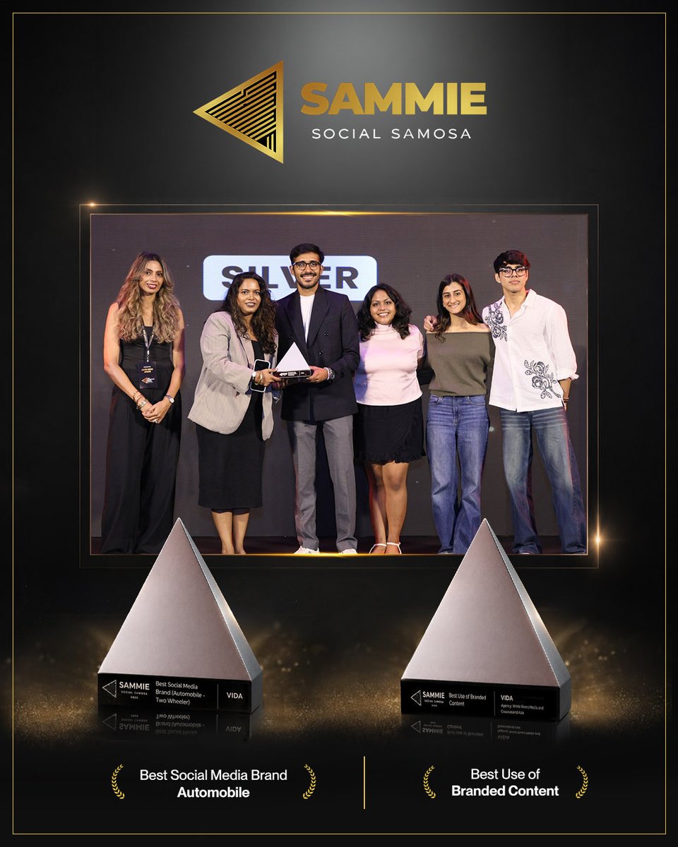VidaDotWorld's tweet photo. Two wins. One unforgettable moment. ✨

VIDA's honoured to receive two coveted SAMMIE Awards for Best Social Media Brand – Automobile and Best Use of Branded Content.

Here's to creating even more stories that move people.
.
.
.
[ VIDA, EVOOTER, Best EV, Future of Mobility, Sammie Awards ]