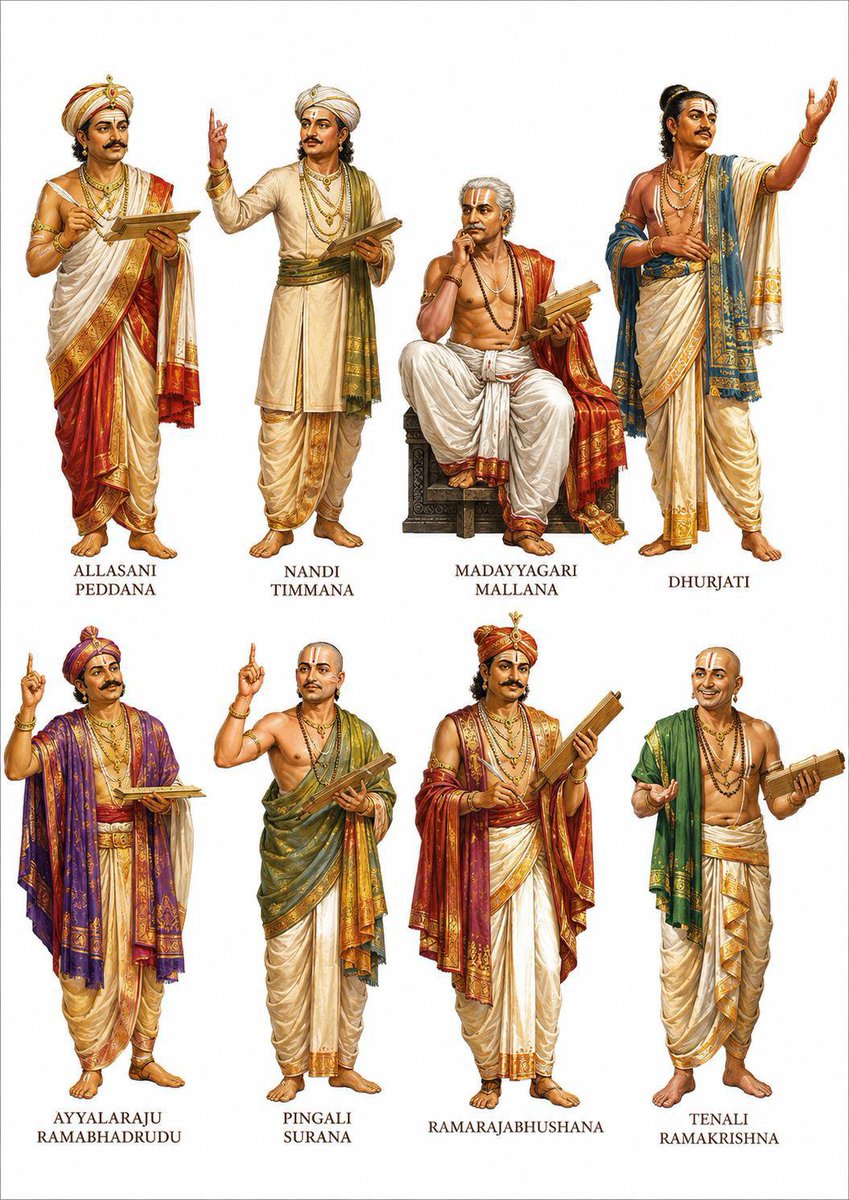 telugupatriot08's tweet photo. The legendary Ashtadiggajas,the eight Telugu poets who adorned the court of Emperor Sri Krishnadevaraya. Their literary brilliance sparked the golden age of Telugu literature, their profound contributions remain the proud backbone of #Telugu culture &amp; poetry.

#Andhra #telangana https://t.co/p3VbyZJYkI