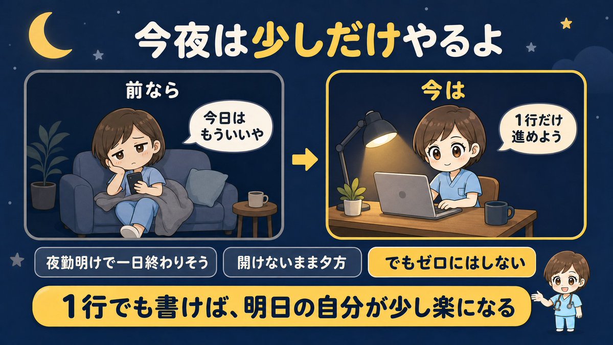 tamako0720's tweet photo. 今日は夜勤明けで、結局パソコンを開けないまま夕方になった。前ならここで「今日はもういいや」で終わってた。でも今は、寝る前に台本を1行でも進めようと思える。1行でも書けば、明日の自分がちょっと楽になるから。今夜は少しだけやります。 https://t.co/vhwIvFib9C