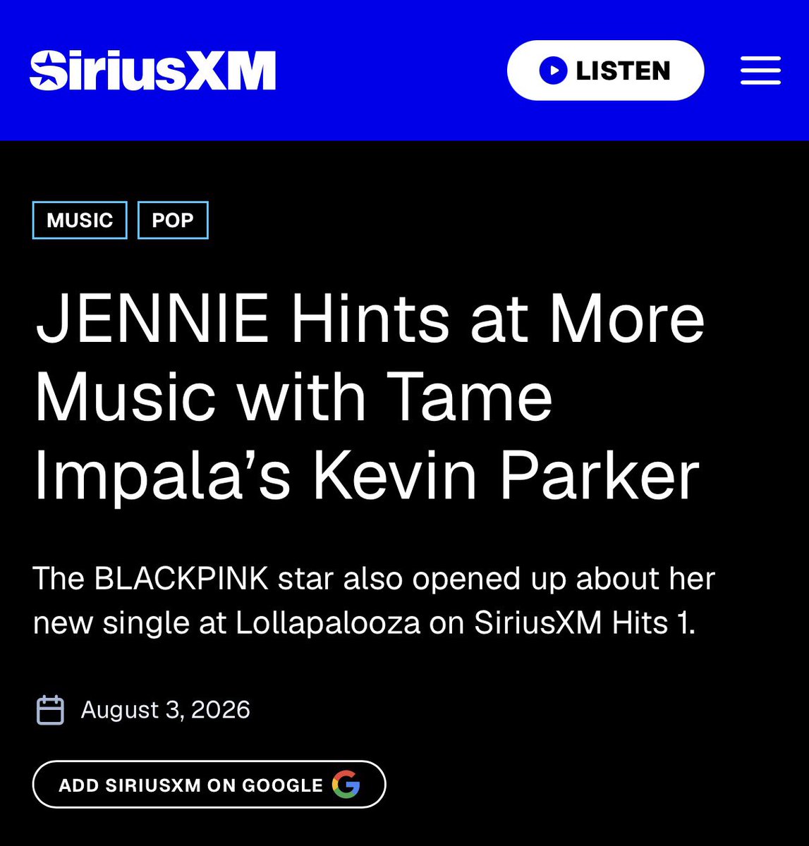 GENIUS9N's tweet photo. JENNIE Reveals to Siriusxm that she and Kevin Parker (Tame Impala) might have more music coming and another collaboration could be on the way https://t.co/fVYzQXaZcN