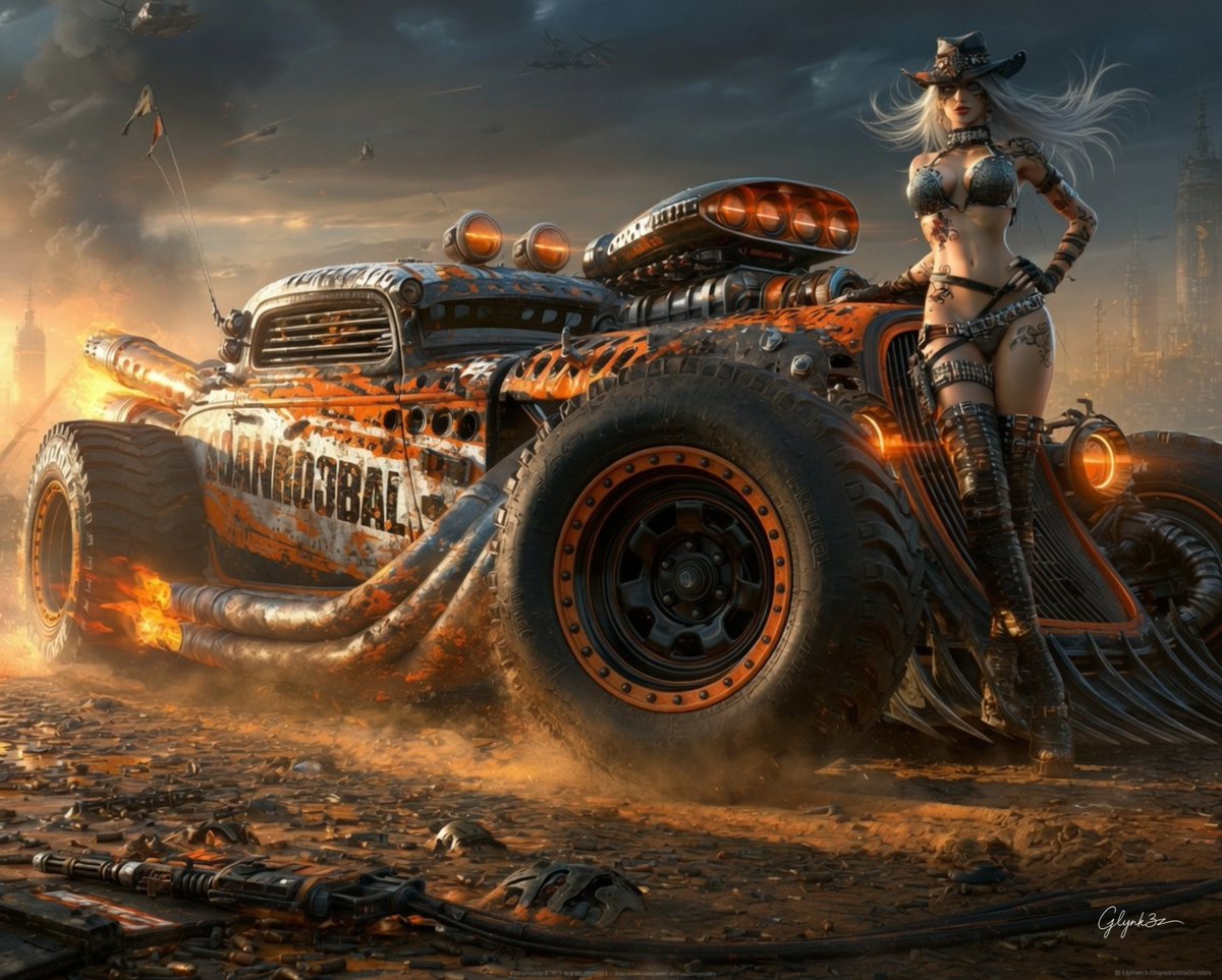 glynk3z's tweet photo. QT your Rat Rod Beauty🏎️
Kim's composition is gorgeous! The intricate details of her dress and shoes harmonize beautifully with the car. They look as though they've shared a long journey together. The perspective is absolutely magnificent!🤩
#AIart #InvisibleAgain https://t.co/MJJCrqlXYm