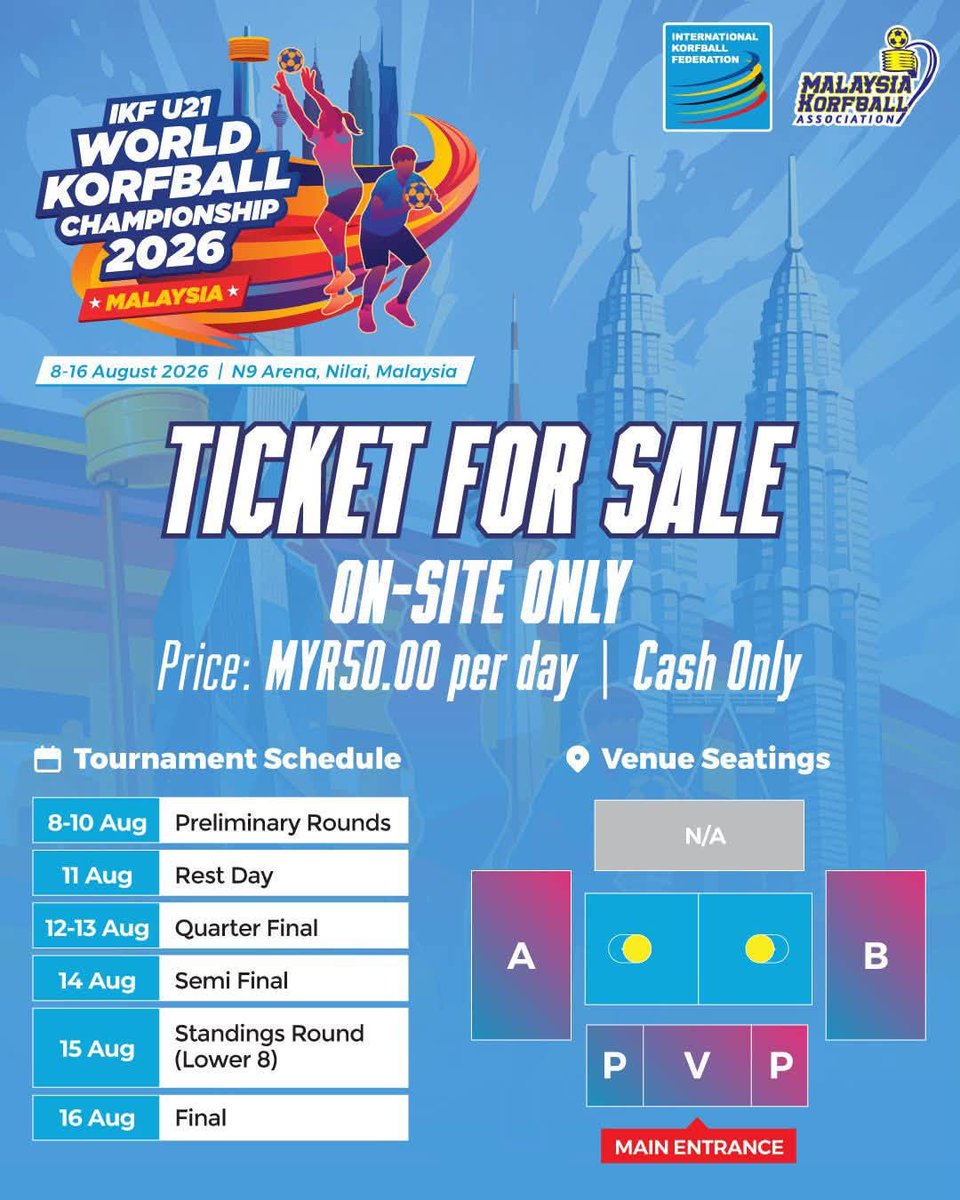 korfball's tweet photo. The Malaysia Korfball Association has announced the ticket sales for the preliminary rounds of the IKF U21 World Korfball Championship 2026, which will be played from 8 to 16 August in Nilai, MAS. 🇲🇾 #U21WKC 

🎟️ Tickets are available for purchase at the game venue only. No online sales, so just head over, grab your ticket, and enjoy the action!

🗓️ Mark your calendar, bring your family and friends, and let’s fill the stands with energy. 🔥

📰 Event info: https://t.co/U6PX3ISec1

#korfball #TheMixedGenderSport #korfbal #corfebol #korfbol #corfbol #korfballeague #КОРФБОЛ #合球 #コーフボール #कोर्फबॉल #코프볼 #คอร์ฟบอล #කොර්ෆ්බොල් @AsiaIkf