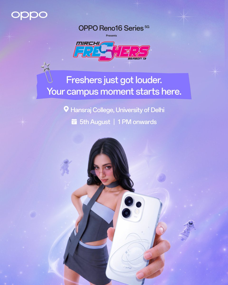OPPOIndia's tweet photo. Freshers, your moment is here. 

The #OPPOReno16Series is bringing the energy to Mirchi Freshers. Get ready for an afternoon of unforgettable moments.

📍 Hansraj College, University of Delhi
5th August, 1 PM onwards

#OPPOXMirchiFreshers #LiveInTheMoment #LiveItYourWay https://t.co/bJWCyy1ce8