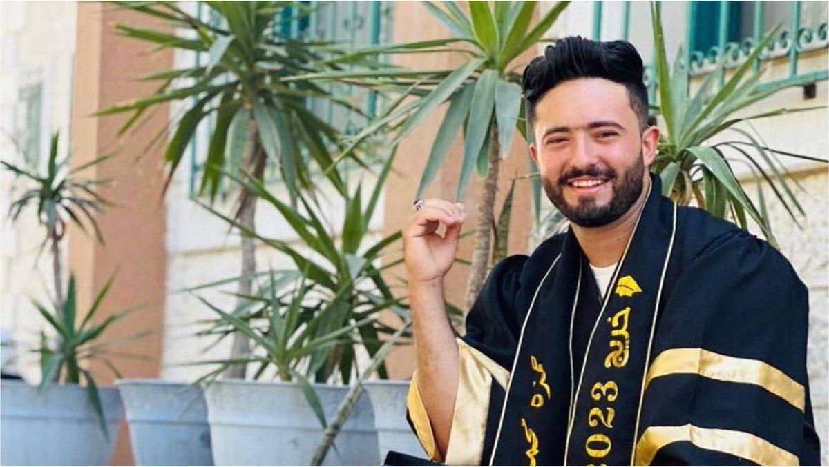 swilkinsonbc's tweet photo. This was Hamza Hnief: he had just graduated &amp; got engaged to his girl friend in Gaza, so israelis killed him &amp; stole his life | via @GazaMartyrs https://t.co/kt24q1bUEu
