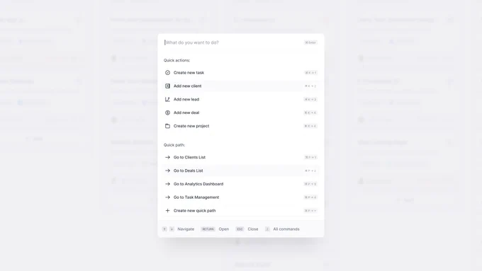 내부 CRM 커맨드 팔레트 — 통합 검색 오버레이 4종