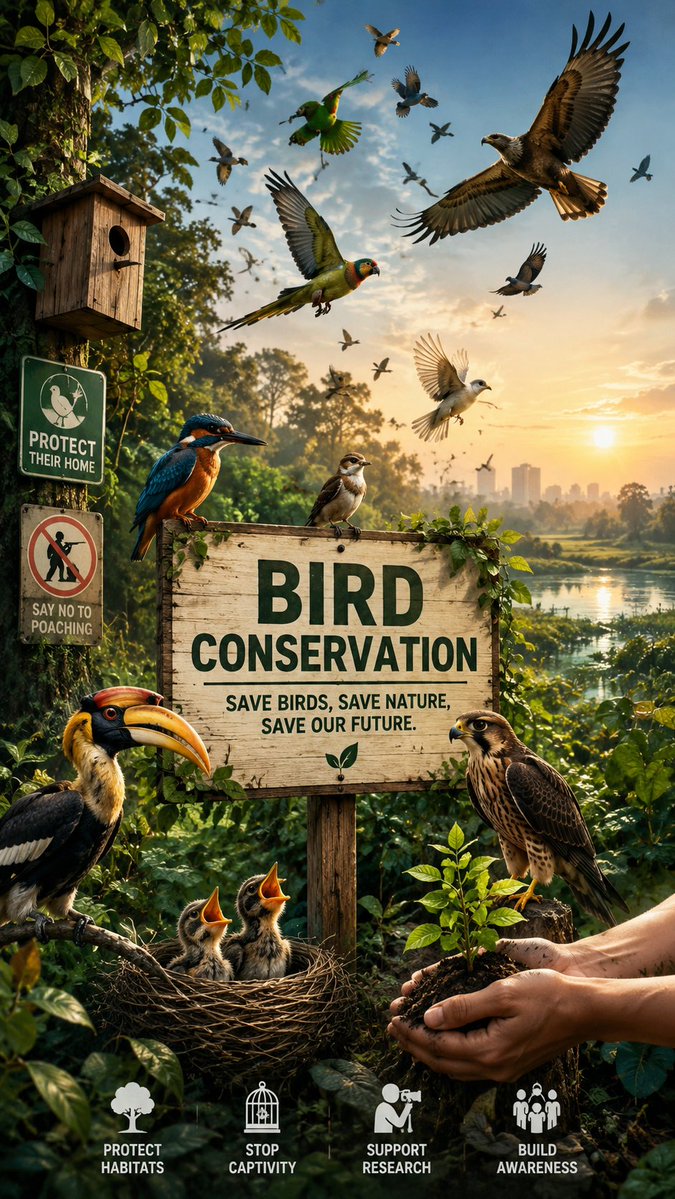 UtyThomas's tweet photo. Bird Conservation
Bird conservation protects bird species and the habitats they depend on for survival. Birds help pollinate plants, disperse seeds, and control insect populations, making them essential to healthy ecosystems. Protecting forests, wetlands, and grasslands, reducing pollution, and preventing illegal hunting ensure future generations can continue enjoying the beauty and benefits of birds.