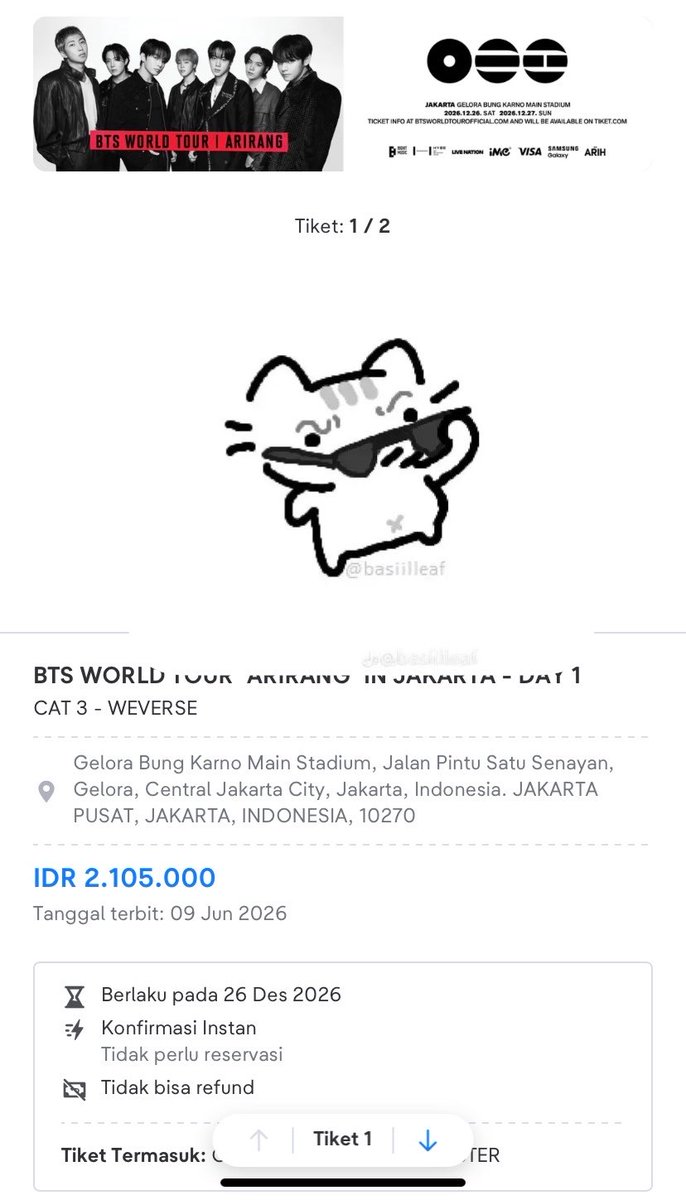 bangsweeggg's tweet photo. WTS // WANT TO SELL
1 TIX CAT 3 PRESALE WEVERSE BTS ARIRANG IN JAKARTA DAY 1

💸 DM 

• fullpayment only !!
• 1000% TRUSTED 

aku jual karna aku dapet platinum 🥹

#wts #bts #BTS_ARİRANG https://t.co/kW4ZMZ1dn6