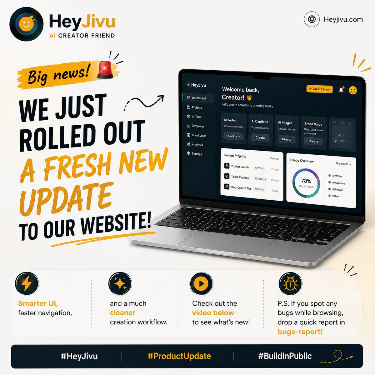 HeyJivu_com's tweet photo. Big news! 🚨 We just rolled out a fresh new update to our website!
Smarter UI, faster navigation, and a much cleaner creation workflow. ⚡

#HeyJivu #ProductUpdate #BuildInPublic https://t.co/6sIyYflfGN