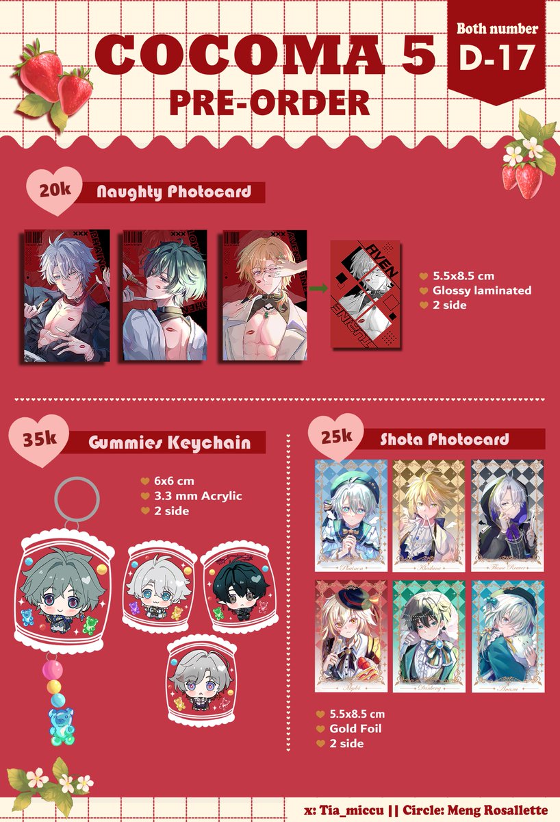 Tia_miccu's tweet photo. 🔁 &amp;🩷appreciated  
Tiamiccu #Cocoma5 Catalogue &amp; GA✨

✨ HSR, Genshin, Endfield
🍀 Meng Rosalette (D-17)
🗓️ -10 August 2026 
🛒 Mail &amp; Pick up order
🌐 GO Pls DM
🔗form: https://t.co/jsA9zrlXOI

GA: 🩷🔁+ Reply with items u want | For 1 winners
#cocoma5catalogue #COCOMA5 https://t.co/AwWb9rmtNh