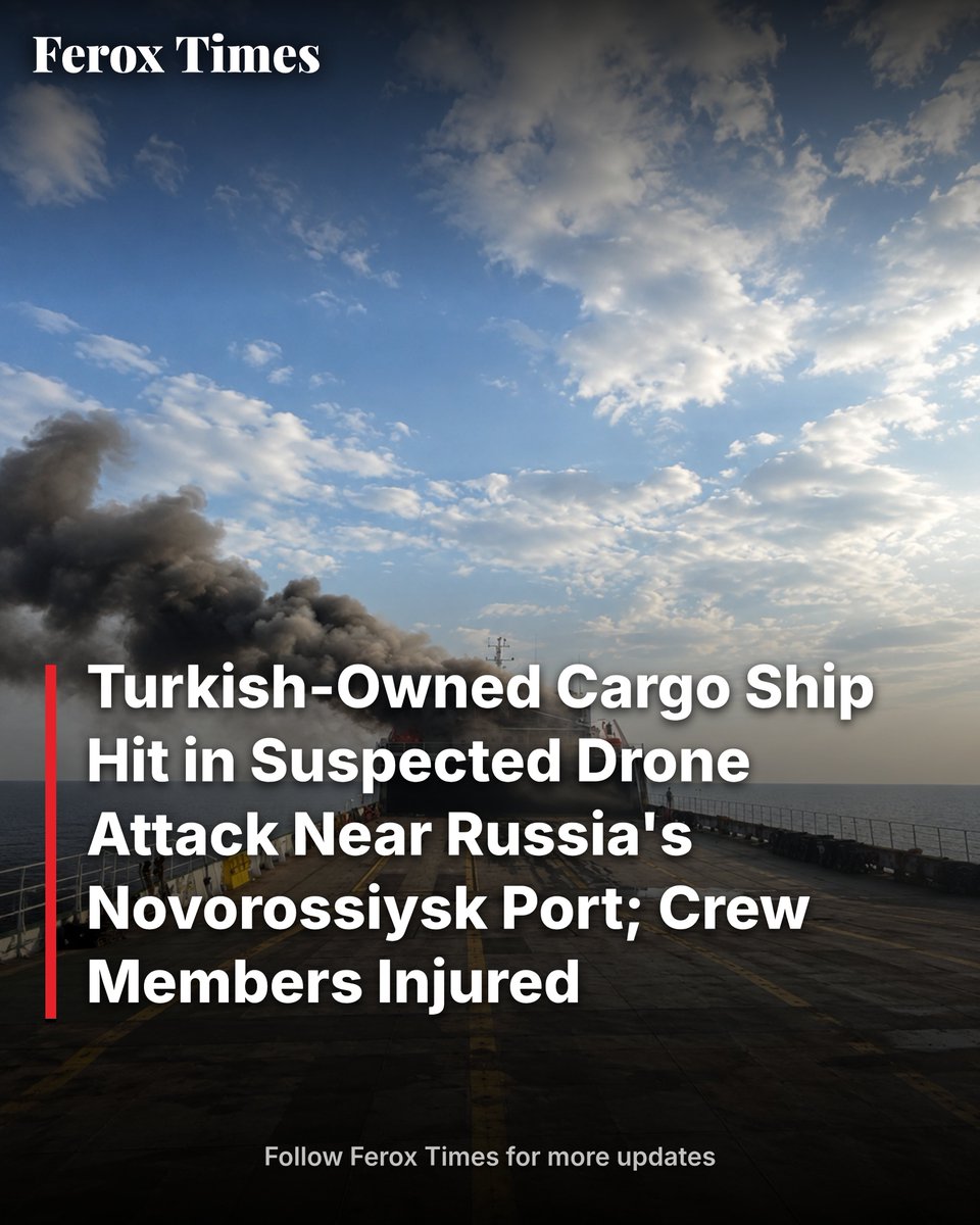 feroxtimes's tweet photo. A Turkish-owned cargo vessel was struck in a suspected drone attack near Russia's Novorossiysk port in the Black Sea, leaving crew members injured. The incident has raised fresh concerns over the safety of civilian shipping amid the ongoing Russia–Ukraine conflict. https://t.co/mP9NSzKNzG