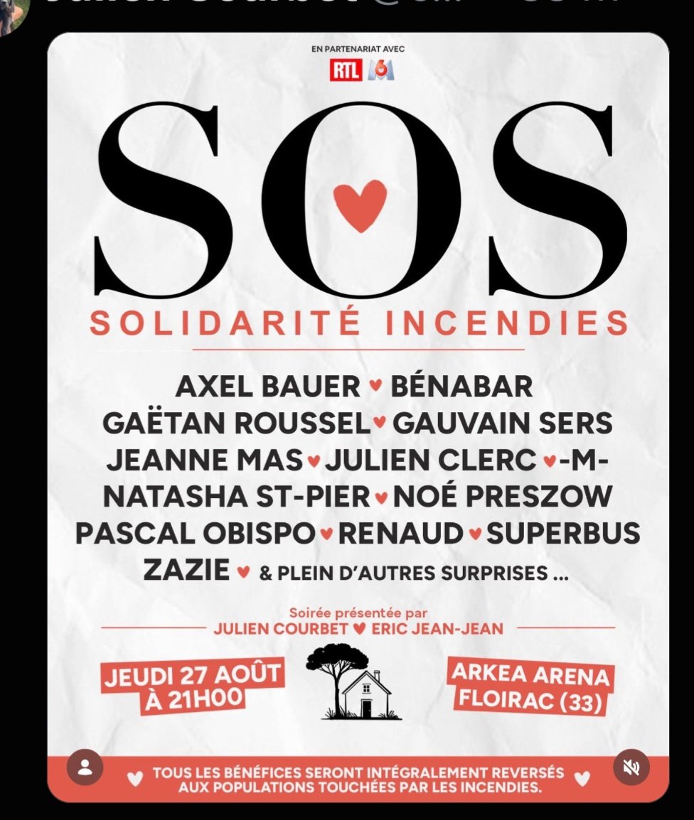 bernard_montiel's tweet photo. #Solidarité #incendies #concert @courbet_julien @ObispoPascal et les artistes mobilisés 🙏👍🫶 https://t.co/6keAuuEldb