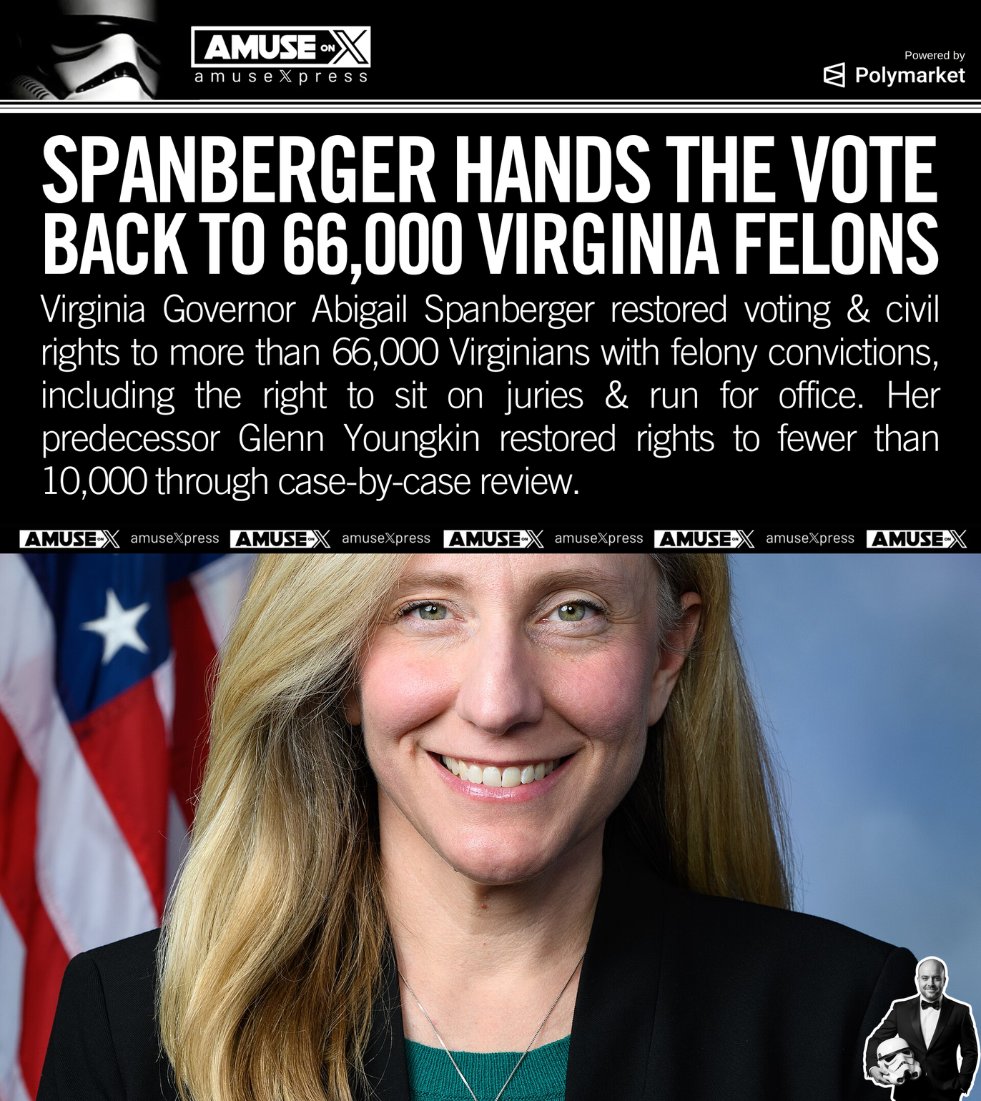 amuse's tweet photo. ELECTION INTEGRITY: After admitting it had over 6,000 noncitizens registered to vote, Virginia Democrats decided to bolster their electoral prospects by allowing over 66,000 felons to vote. Governor Spangerger is confident that the vast majority of felons in the state will support her and her fellow Democrats.