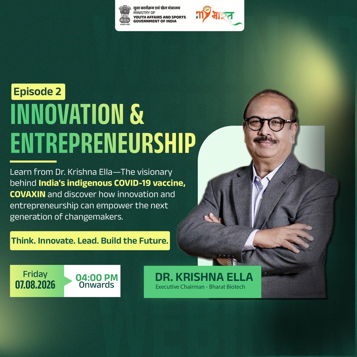 MYBharatHQ's tweet photo. Learn from one of India's leading innovators. Join Dr. Krishna Ella, as he shares his journey of entrepreneurship, innovation and creating solutions that inspire the next generation of changemakers.

Visit: https://t.co/QHpX8bjY4W

#MYBharat https://t.co/0jTyWqJPih