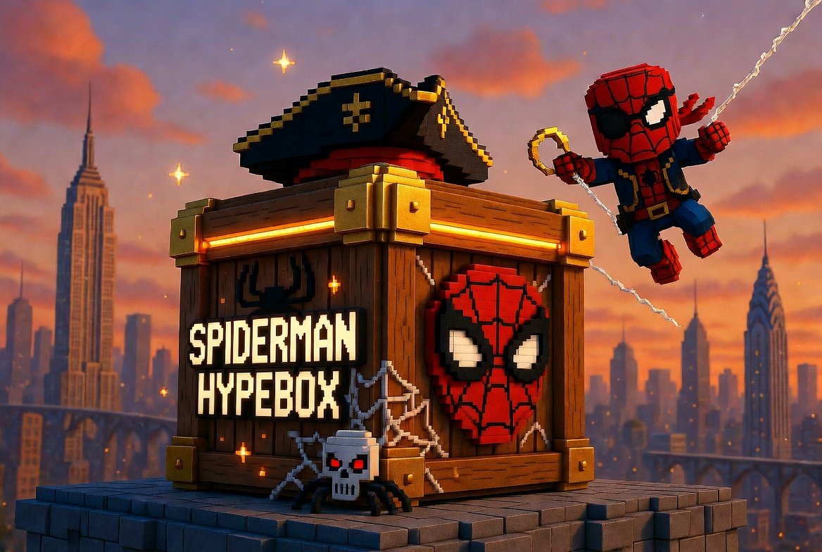 PlayMinecadia's tweet photo. The SPIDERMAN HYPEBOX has just swung onto Factions: Pirate 2.0! Get it now whilst it's here! 

To celebrate, we'll be giving away:
🕷️ 6x SPIDERMAN HYPEBOX
🕷️ 3x SPIDERMAN HYPEBOX
🪙 3,500x GOLD 

Follow us, Repost, and Like to enter! 🕸️