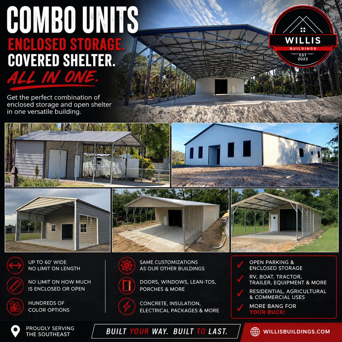 WillisBuildings's tweet photo. 👉 More Storage. More Shelter. More Value.
Why choose between enclosed storage and covered parking when you can have both?
Our Combo Units combine enclosed storage with an open shelter or lean-to, giving you the best of both worlds in one custom building.
 ✔️Enclosed storage + covered parking under one roof
 ✔️Front or rear shelters and lean-tos available
 ✔️Up to 60' wide with virtually unlimited lengths
 ✔️No limit on how much is enclosed or left open

One building. Endless possibilities. Get the open space you need and the secure storage you want—all while getting more bang for your buck.
 🇺🇸Proudly Serving the Southeast
 https://t.co/Belcg6ykBK