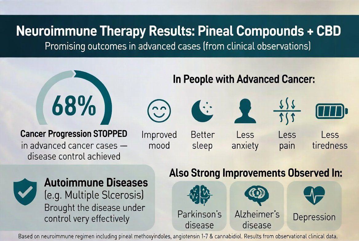 marclanders's tweet photo. CBD, a pineal compound & a natural hormone STOPPED cancer progression in 68% of advanced cases!

In people with advanced cancer:

The treatment stopped the cancer from getting worse in 68% of cases.

Patients also felt better overall — improved mood, better sleep, less anxiety, less pain, and less tiredness.

In people with autoimmune diseases (e.g. multiple sclerosis): It brought the disease under control very effectively.

Good improvements were also seen in people with Parkinson's disease, Alzheimer's disease, and depression.
https://t.co/rkKruTfIOn