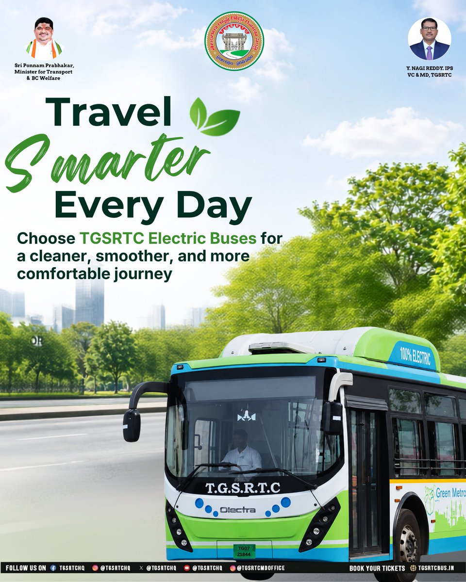TGSRTCHQ's tweet photo. 🚌 Every Ride Powers a Greener Tomorrow.
Experience the comfort of TGSRTC Electric Buses while helping reduce carbon emissions. Travel responsibly and inspire positive change.
#TGSRTC #ElectricBus #GoGreen #GreenMobility #TravelResponsibly #SustainableLiving #EcoFriendlyTravel https://t.co/tHT1twlV88