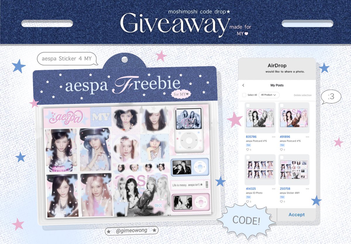 gimeowong's tweet photo. pls kindly rt before using

aespa giveaway alert!

moshi moshi aespa sticker &amp; postcard (4*6)
codes are on image 2 ★

strictly for personal use only.
please don’t resell or redistribute.

( ปริ้นแล้วมาอวดกันได้นะคะ เบิ้บบูวว🫰🏻 )

#moshimoshi #aespa #giveaway #sticker https://t.co/PIf8X2iP6C