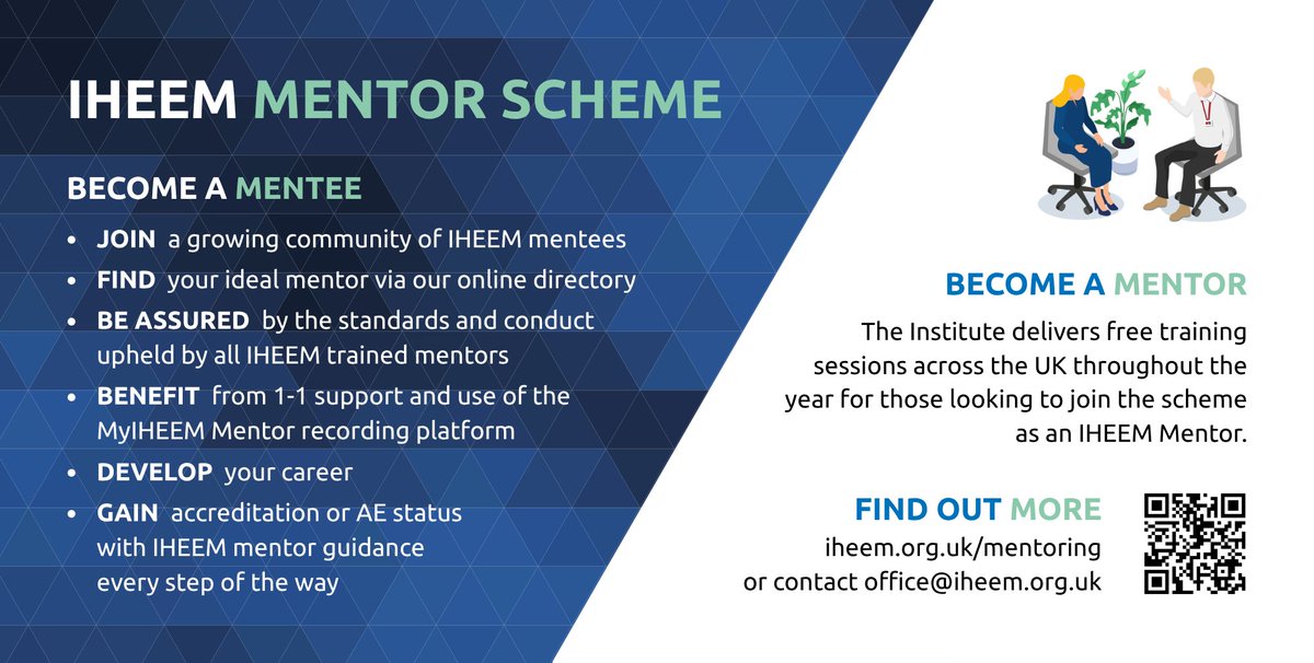 IHEEM's tweet photo. Become a mentor with IHEEM.
IHEEM offers free mentor training for members joining the Mentor Scheme, covering key mentoring skills such as relationship building, professional boundaries, codes of conduct, and Institute support.
To find out more, email: office@iheem.org.uk https://t.co/kAR7LGJ51I
