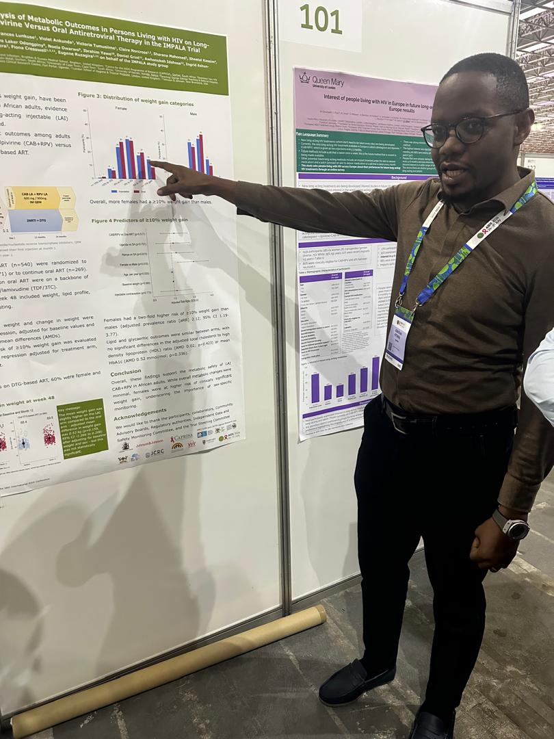 MRC_Uganda's tweet photo. Last week, our researchers showcased new HIV research at #IAS2026. Dr. Eugene Ruzagira presented findings from the MOBILE MEN trial on PrEP delivery for mobile workers, while Dr. Jonathan Kintosa shared new analyses from the IMPALA trial. 

Their work is helping shape evidence to improve HIV prevention and treatment.