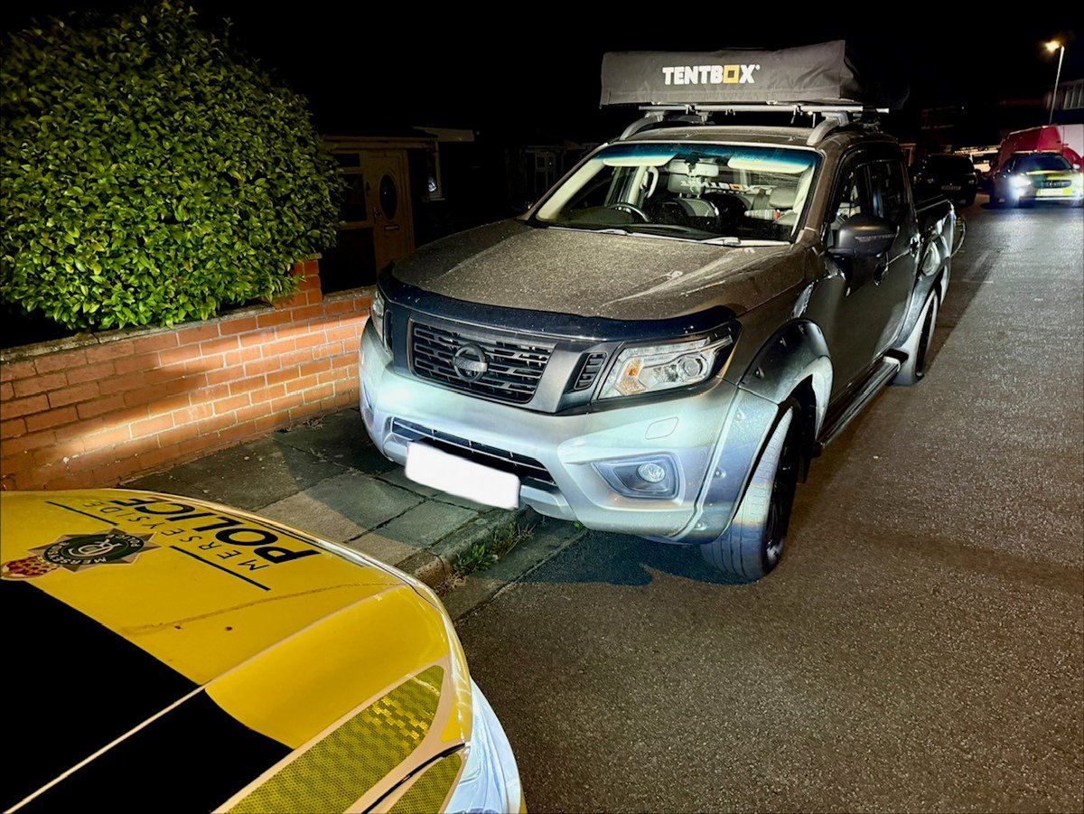 MerPolTraffic's tweet photo. #Nissan Navara stolen from #GMP this morning and travelled into #Merseyside. Vehicle sighted by #RPU patrols and located parked up with the assistance of @MerPolDogs . One male arrested nearby for a number of offences. https://t.co/uc1GUyC7oL
