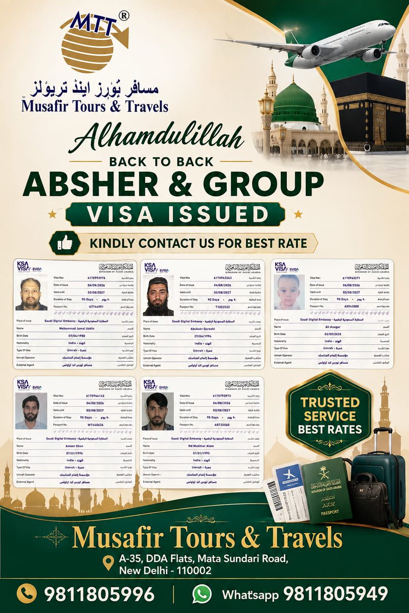musafirind_com's tweet photo. Alhamdulillah Back To Back ABSHER &amp; GROUP Visa Issued,
Kindly Contact Us For Best Rate https://t.co/HnELMjUYJk