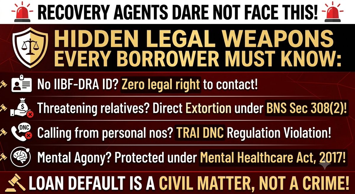 Yousuf_Haldar's tweet photo. ###🚨📢 HIDDEN LEGAL ARMORY: RECOVERY AGENTS DARE NOT FACE THIS! 🚨📢

​Lenders often unleash recovery agents, betting that borrowers are unaware of their deepest statutory protections. IT'S TIME TO FLIP THE SCRIPT! 💥🔄

​Loan default is only a CIVIL MATTER, NOT A CRIME. Here are the core, unspoken legal and technical weapons every distressed borrower MUST possess! 🛡️⚖️

​🔥🔑 1. THE INTERNALS OF BANKING SYSTEM (Hidden Rules):
🔹 Mandatory IIBF-DRA Certification: Any Debt Recovery Agent (DRA) without a valid IIBF Certification & Official ID Card from the Principal Lender has ZERO LEGAL AUTHORITY to contact you. Report them immediately!

🔹 RBI IT Framework & Consent: Unconsented phone contact scraping, photo access, or device tracking by any lending app violates RBI IT Governance Guidelines and Section 66E of the IT Act (Privacy). 📵🛡️

🔹 Do Not Call Registry Violation: Recovery calls from personal/unregistered numbers violate TRAI Telecom Regulations, 2018. Lenders MUST use standard commercial series for official calls. 🔇🚫

​🔥⚖️ 2. DEEP PENAL LAWS (Criminal Liability):
🔹 BNS Section 308(2) (Extortion by Threat of Injury): "Pay or we call relatives/send photos"—is NOT recovery. It is strictly EXTORTION (तोलाबाजी) with heavy jail terms. 💣🚔

🔹 BNS Section 352 (Intentional Insult to Provoke Breach of Peace): Abusive or degrading language to intentionally provoke you is a separate criminal offense.

🔹 Mental Healthcare Act, 2017 (Section 21): Direct statutory protection. No lender can inflict mental agony or stress, especially if the borrower is under medical or mental health care. This is a very strong defense! 🛡️🩺

​KNOW YOUR RIGHTS! DO NOT BOW TO ILLEGAL HARASSMENT! We stand united against mafia-style loan recovery! 🤝🛡️

​If you are facing physical threats or unverified recovery harassment, DM me directly right away for strong legal defense guidance! 🛡️⚖️

​@RBI @PMOIndia @HMOIndia @Cyberdost @consumerpulp @SBICard_Connect @RBLBankCares @OneCardHelp @HDFCBank_Cares @AxisBankSupport @ICICIBank_Care @FederalBankHelp @bobcardofficial
@GetOneCardIN 

​#StopRecoveryHarassment #ConsumerRights #RBIOmbudsman #BNS #ITAct #MentalHealthAct #LegalAwareness #YousufHaldar