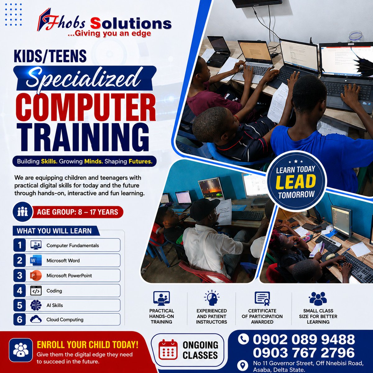 FhobsS's tweet photo. This holiday, empower your kids & teens with future-ready tech skills at Fhobs Solutions!
Learn:
π» Computer Fundamentals
π Microsoft Word & PowerPoint
π¨π½βπ» Coding
π€ AI Skills
βοΈ Cloud Computing
0903 767 2796, 0902 089 9488
#FhobsSolutions #HolidayTraining #KidsInTech #Coding https://t.co/fuQpr8bmUL