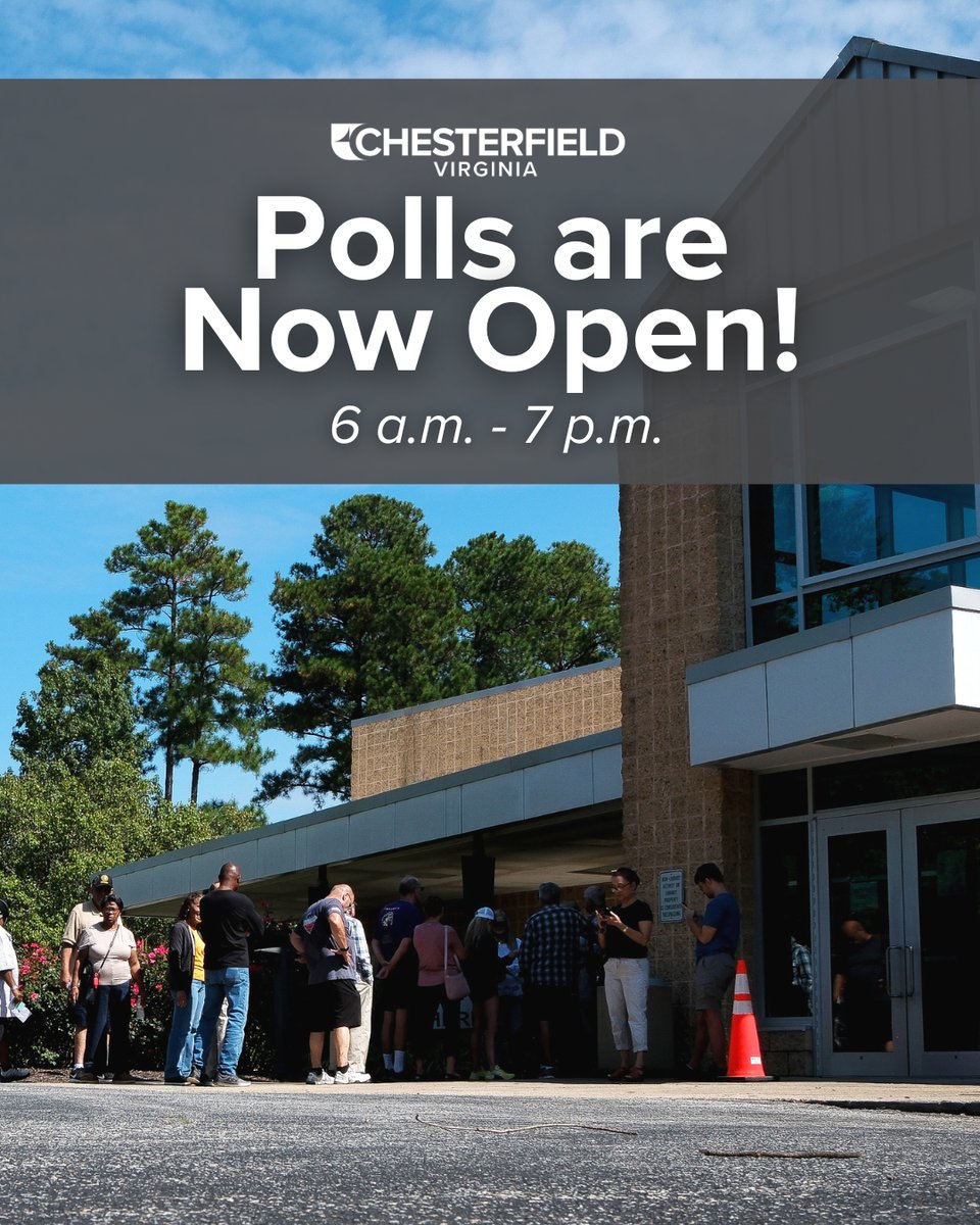 ChesterfieldVa's tweet photo. 🗳️ Polls are open!

Today, Aug. 4, is Election Day for Virginia’s Party Primary Elections.

Polling locations are open from 6 a.m. to 7 p.m.

Find your polling location and election information at https://t.co/vy6RaAampR https://t.co/mokwTAJIMP