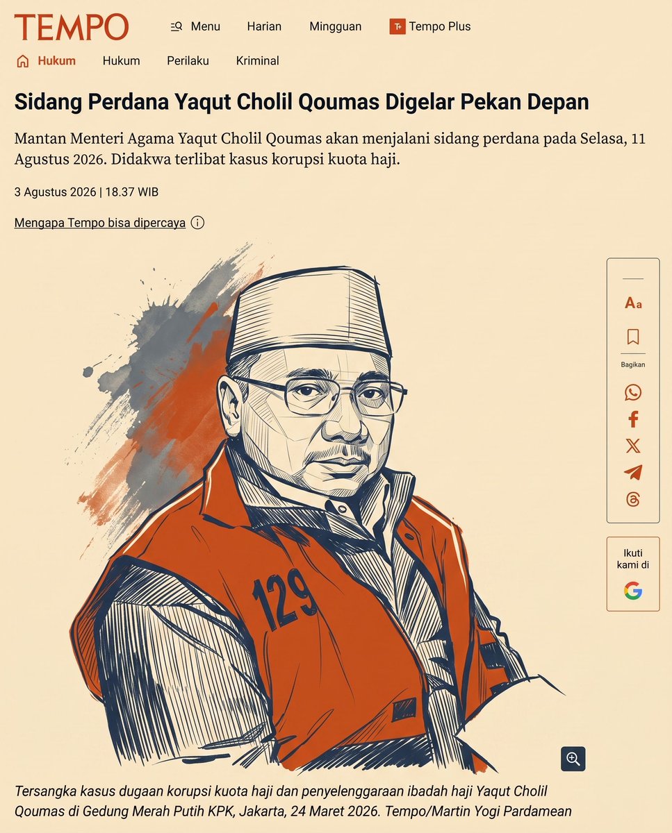 Stakof's tweet photo. Siapa tahu kalian tidak dapat kabar ini.

Sidang perdana Gus Yaqut dalam kasus kuota haji 2024 sepekan lagi akan digelar.

Perkaranya soal pembagian kuota tambahan dengan rasio 50:50, padahal kuota reguler memakai 92:8. Sangkaannya Pasal 2 UU Tipikor. https://t.co/SZCRNC3p4J