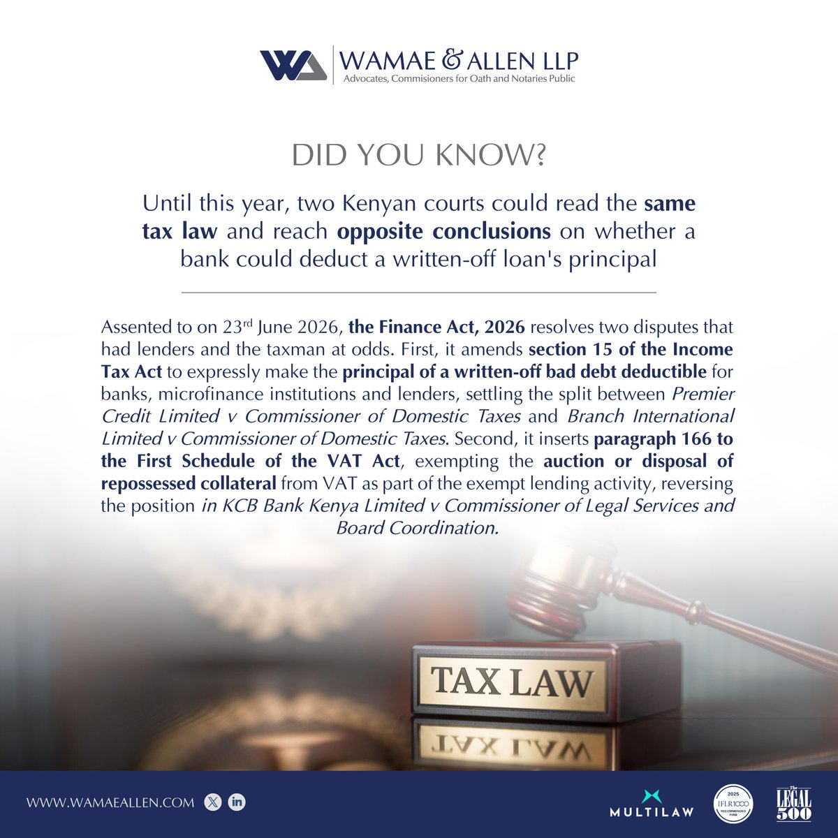 WamaeAllen's tweet photo. 🚨#TaxTipTuesday🚨

Until this year, two Kenyan courts could read the same tax law and reach opposite conclusions on whether a bank could deduct a written-off loan's principal.

THE FINANCE ACT, 2026 JUST SETTLED IT.

Here's what changed [THREAD]👇

#FinanceAct2026 #TaxLaw https://t.co/6zdNac7DRw