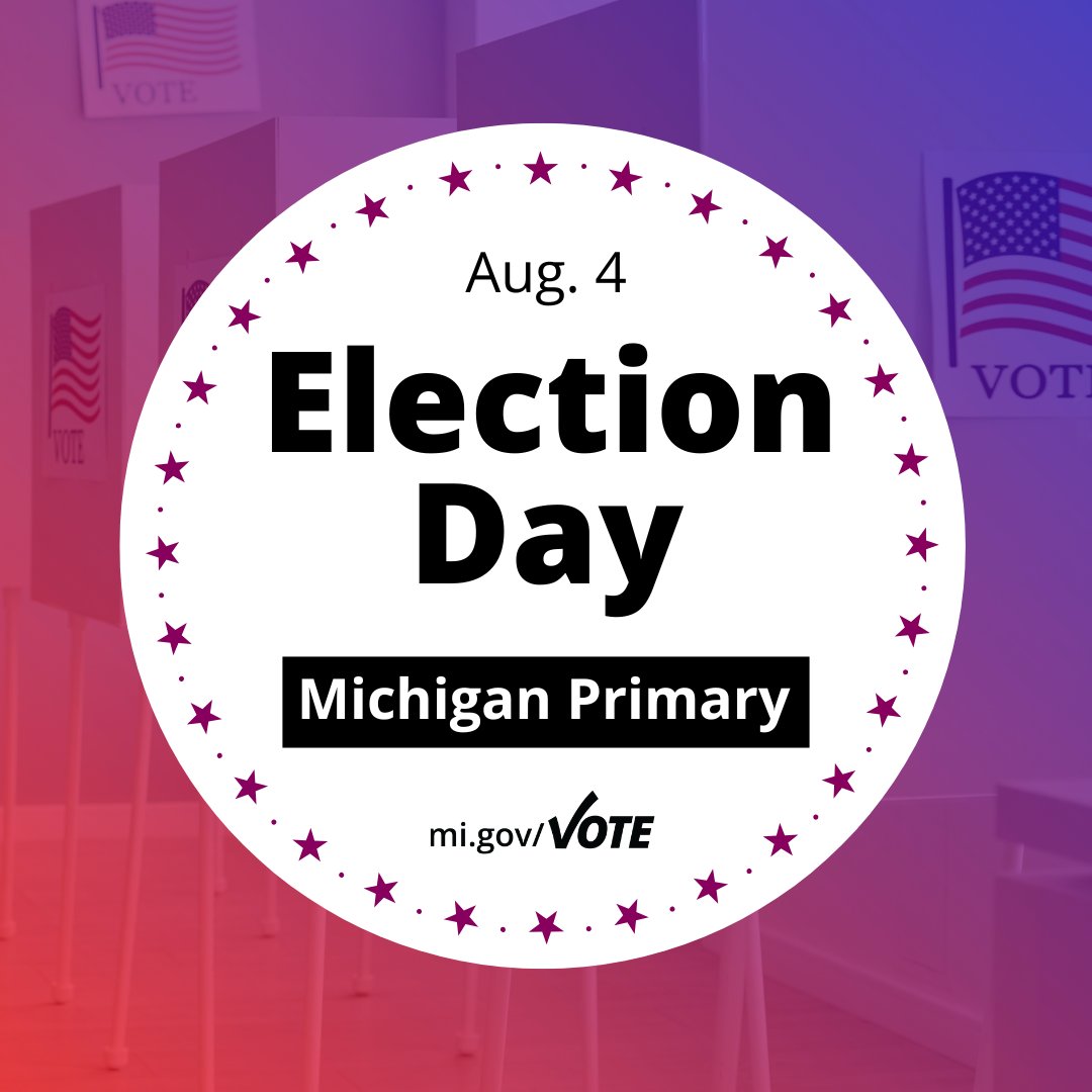 MichSoS's tweet photo. It's Election Day! Polls are open statewide from 7 a.m. to 8 p.m.

If you still need to register, you can do so in your clerk’s office with proof of residency until 8 p.m. and vote.

Get all the voting information you need at https://t.co/AkR3HdwDGX https://t.co/3Vbr5E7aF4