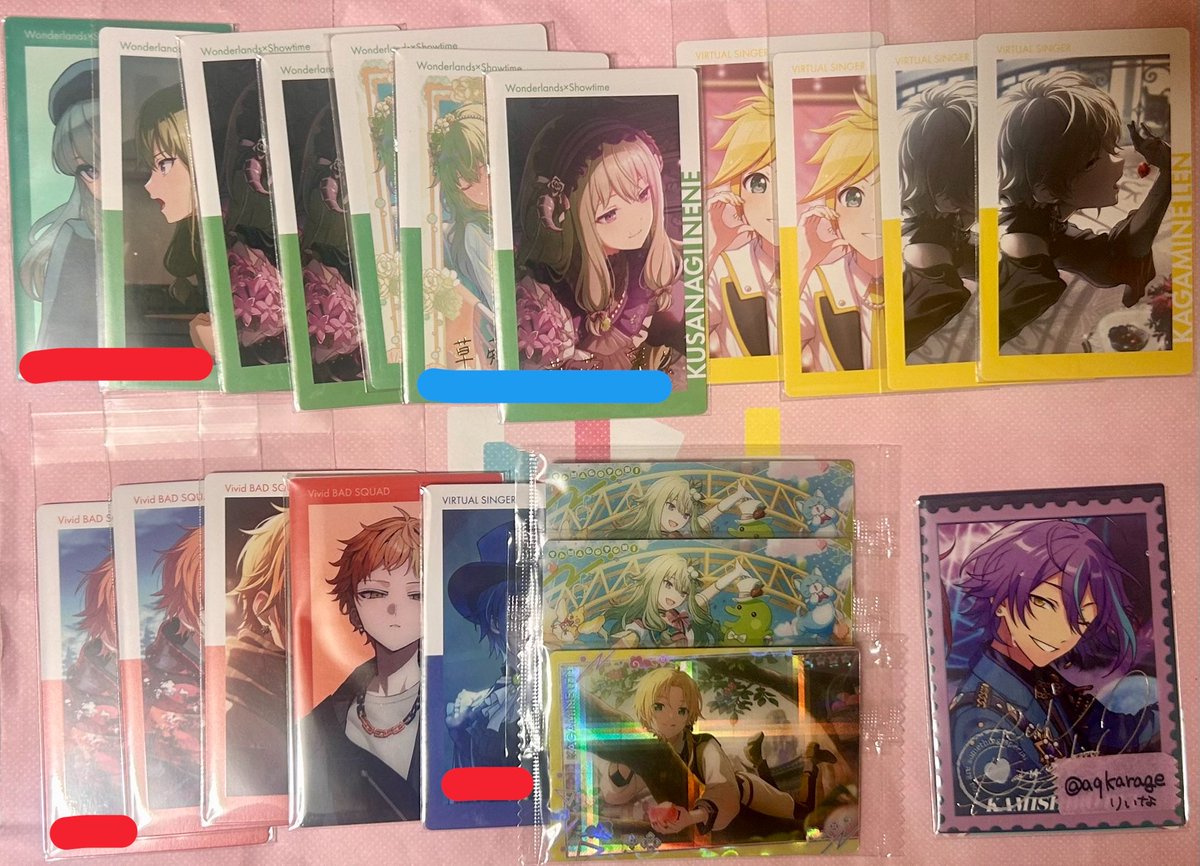 cha___th's tweet photo. @aqkarage はじめましてこんばんは。お声がけ下さりありがとうございます。
まず22A類ですが、箔含め全数お取引が決まってしまったため、ご希望に沿うことが出来かねます。申し訳ございません。
お写真お借りしまして赤線を引いた寧々,彰人,KAITOの4点と2枚目上段4点との交換をお願いしても宜しいでしょうか？⬇️ https://t.co/maHEVvVnhn