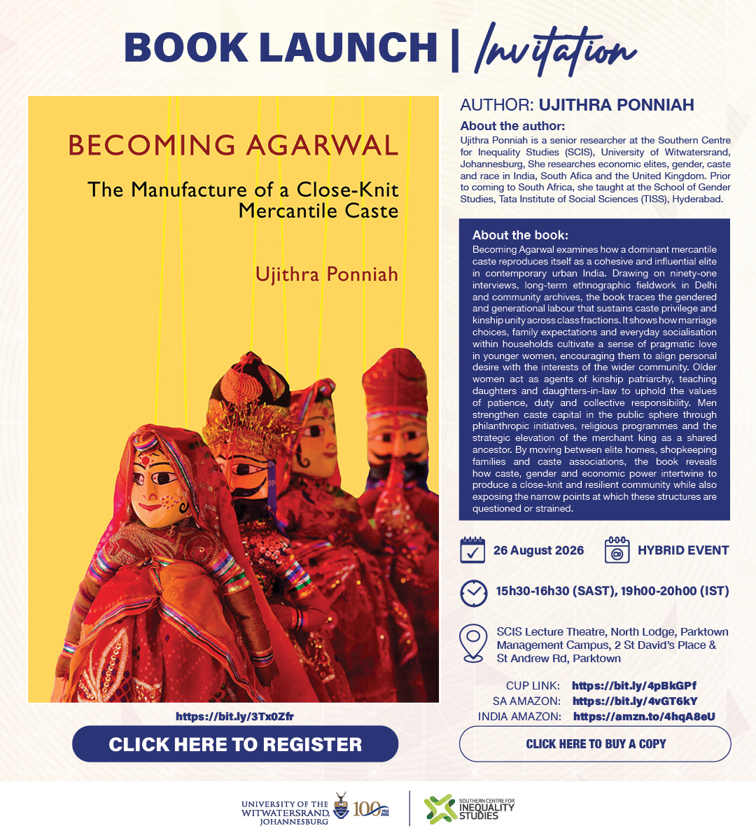 Wits_SCIS's tweet photo. 📚 We're excited to launch Becoming Agarwal: The Manufacture of a Close-Knit Mercantile Caste by Dr Ujithra Ponniah (@SCIS_Wits).
📅 26 Aug 2026
🕞 15h30–16h30 (SAST) | 19h00–20h00 (IST)
📍 Hybrid
🔗 Register: https://t.co/Kx5M44zpFn
📖 Learn more: https://t.co/jY2X4Q5ZRl
#SCIS #WitsForGood #BookLaunch