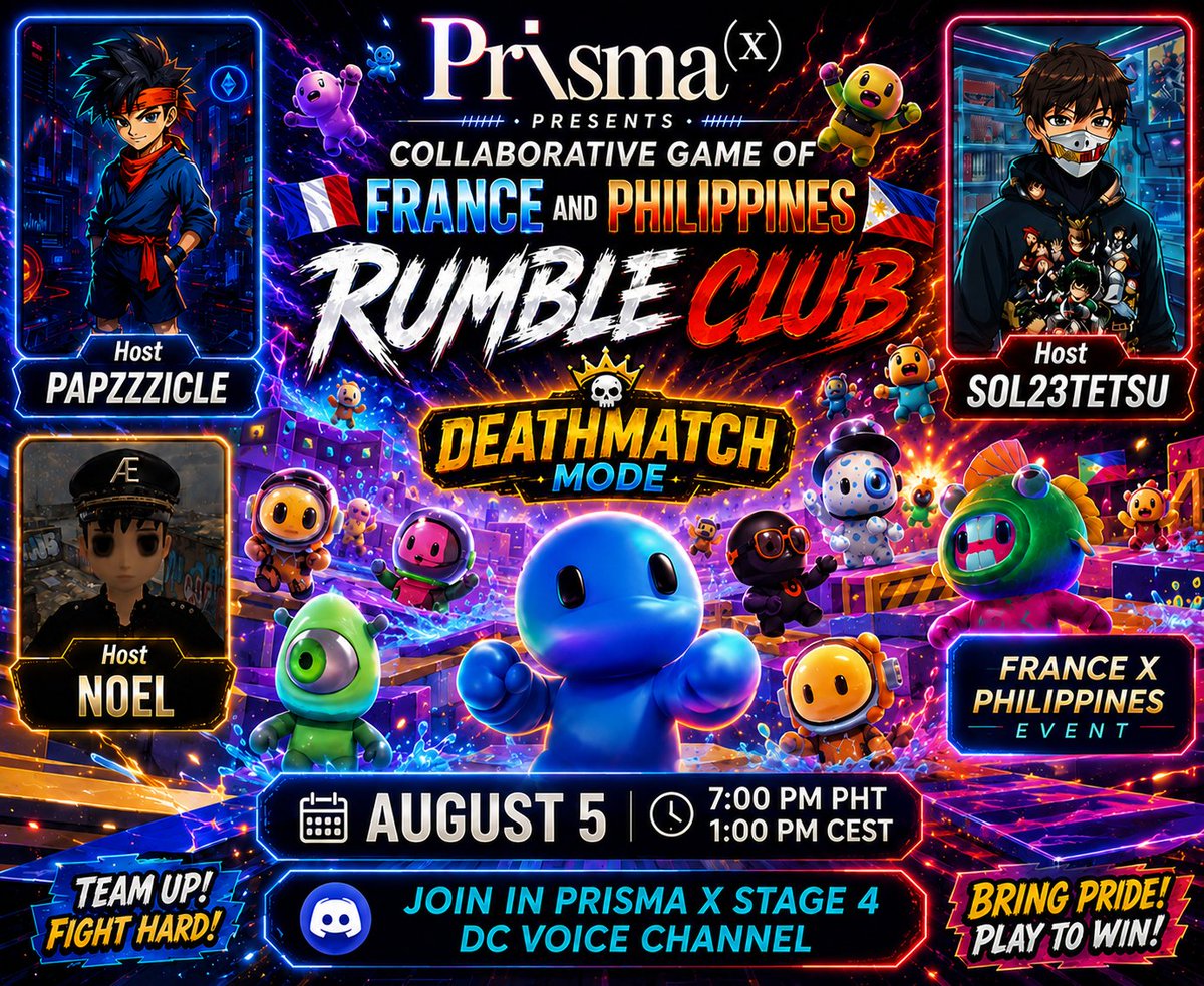 sol_tetsu's tweet photo. @PrismaXai Rumble Club: France ๐ซ๐ท x Philippines ๐ต๐ญ Collab!
When: Aug 05 |7PM PHT/1PM CEST
Where: DC Voice Channel #4
Hosts: @Papzzzicle, @LogboNabile , & me
How: Download the app, finish tutorial, grab the code each round
Last one standing wins.
See you there!
#PrismaX #Event https://t.co/5iLeM36vzN