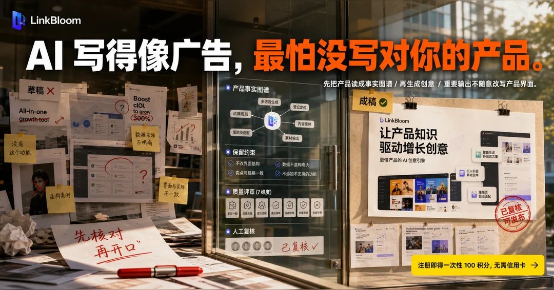 atticus_xxx's tweet photo. LinkBloom 是一个营销增长创意引擎：把你的产品放进来，它从产品事实出发推演多套创意角度，批量产出多语言、多尺寸的图文素材，并在发布前完成质量评审——让没有设计团队的独立开发者和中小品牌，也能像有完整创意团队一样稳定产出可投放的营销素材 https://t.co/CK5JPBjWsj