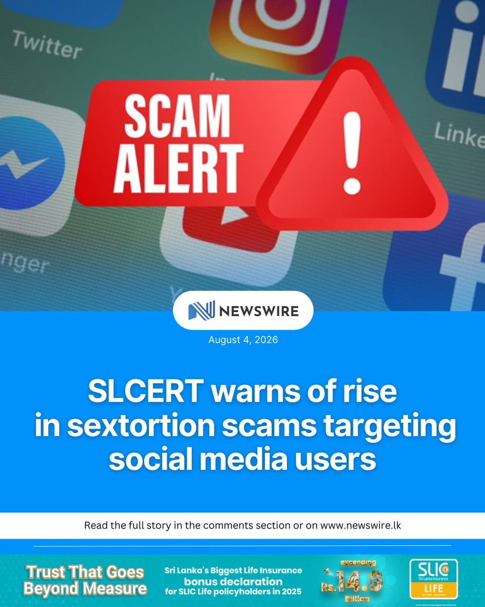 NewsWireLK's tweet photo. SLCERT warns of rise in sextortion scams targeting social media users 

Full Story:  https://t.co/gHZO1KzddG https://t.co/Wvm1SGhZ6K