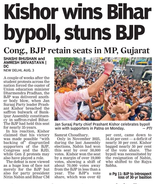 ShashiJourno's tweet photo. A section of BJP blamed the defeat on "poor candidate selection" and voters' "disenchantment" with Bihar chief minister Samrat Chaudhary. https://t.co/2Mz0CmOht7