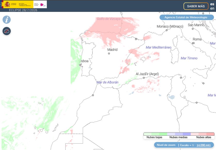 CienciaGob's tweet photo. 🌡️El Gobierno emitirá, desde el viernes, a través de la @AEMET_Esp una predicción meteorológica especial para el eclipse del 12 de agosto.

☁️También se podrá consultar la predicción de la nubosidad en un visor interactivo en https://t.co/SHMJO9hwUd

https://t.co/Ui6t23joXb https://t.co/Ix9onym92i