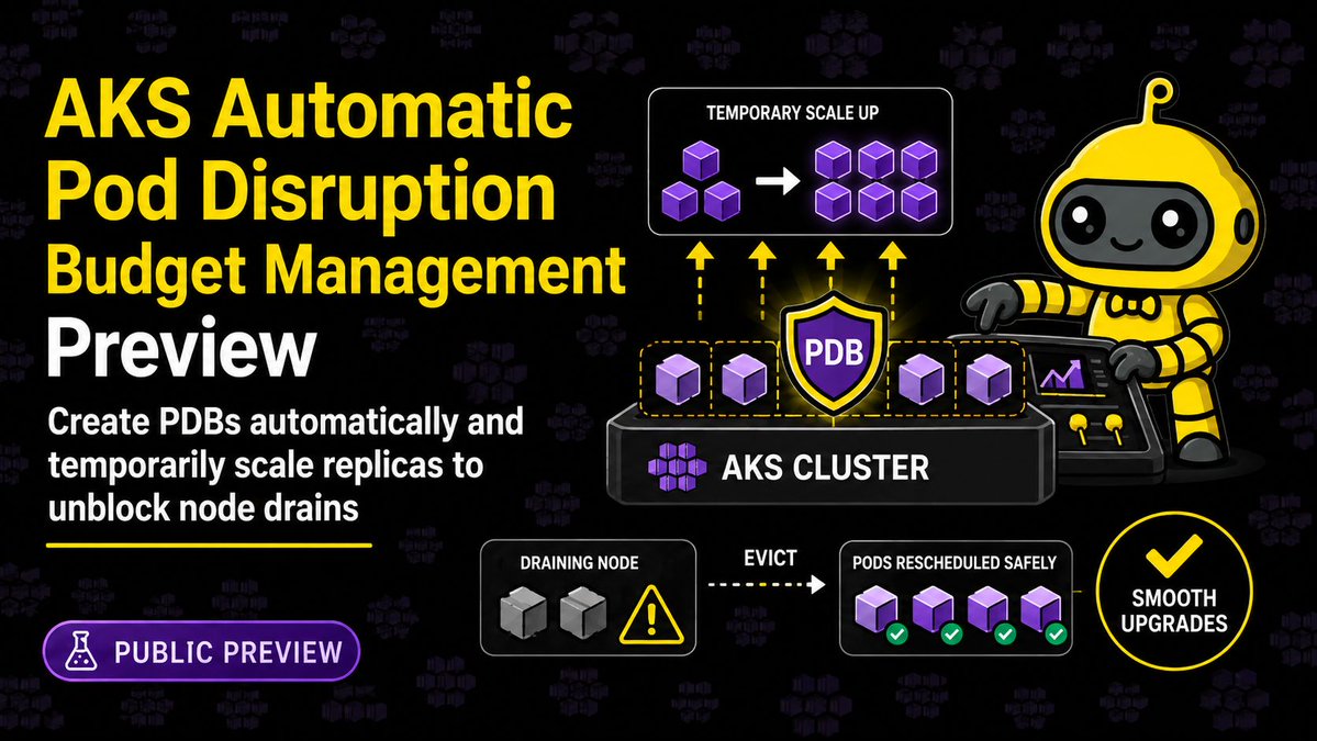 Pixel_Robots's tweet photo. AKS upgrades and Pod Disruption Budgets have always had an awkward relationship. 🤔

Missing PDBs mean pods can be evicted all at once. Overly strict PDBs block the drain entirely. And if a deployment just does not have enough replicas to absorb one eviction, even a correctly configured PDB can stall an upgrade. I have been on the wrong side of all three.

Microsoft has shipped Automatic PDB Management for AKS, currently in preview. It watches for deployments without PDBs and creates them automatically. During node drain, if a PDB blocks eviction, it temporarily scales up replicas to satisfy the budget and then scales back down once the drain completes. 🔄

I have written up how it works, how it coordinates with HPA and KEDA (including the unsupported combination to watch out for), what the configuration options look like, and what to test before you enable it.

Still preview, so staging before production. But it targets a real operational pain point. 🔗 https://t.co/3DubzJkEKA 

#AKS #Azure #Kubernetes #DevOps #PlatformEngineering