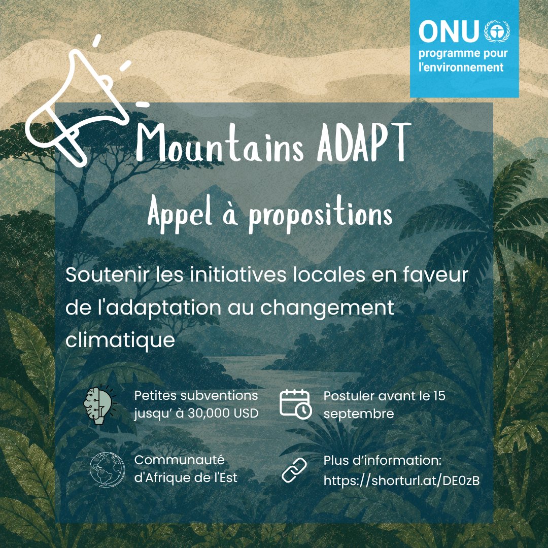 ARCOSNetwork's tweet photo. 📢 Call for Proposals: Mountains ADAPT! 

Grants up to $30,000 USD for EAC community-based organizations leading climate resilience &amp; ecosystem solutions in mountain areas.

Up to 15 projects funded (+ capacity training)
Deadline: 15 Sept 2026.

Details: https://t.co/BfkmASKbAJ https://t.co/eQGdlaW4MA