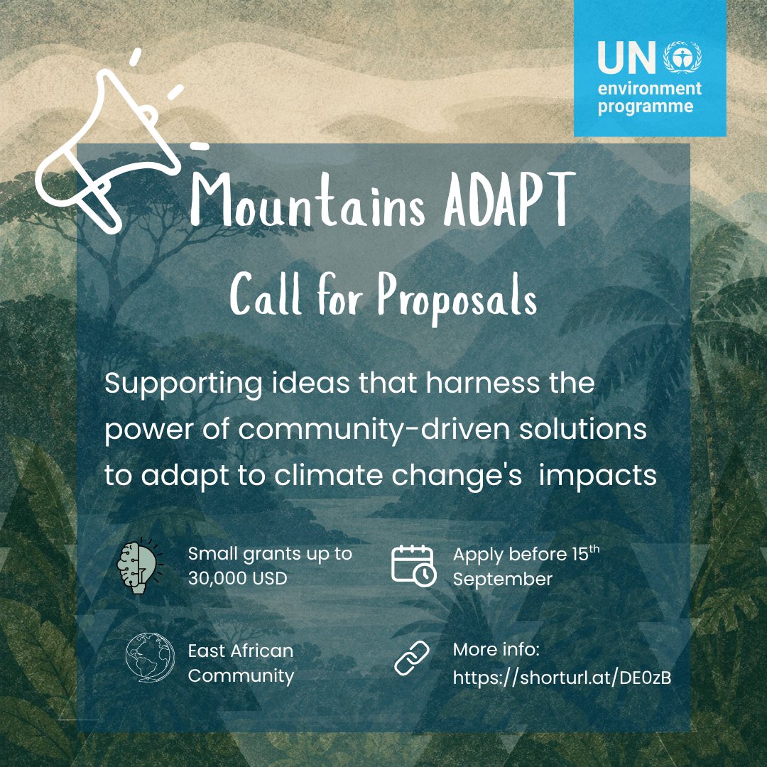 ARCOSNetwork's tweet photo. 📢 Call for Proposals: Mountains ADAPT! 

Grants up to $30,000 USD for EAC community-based organizations leading climate resilience &amp; ecosystem solutions in mountain areas.

Up to 15 projects funded (+ capacity training)
Deadline: 15 Sept 2026.

Details: https://t.co/BfkmASKbAJ https://t.co/eQGdlaW4MA