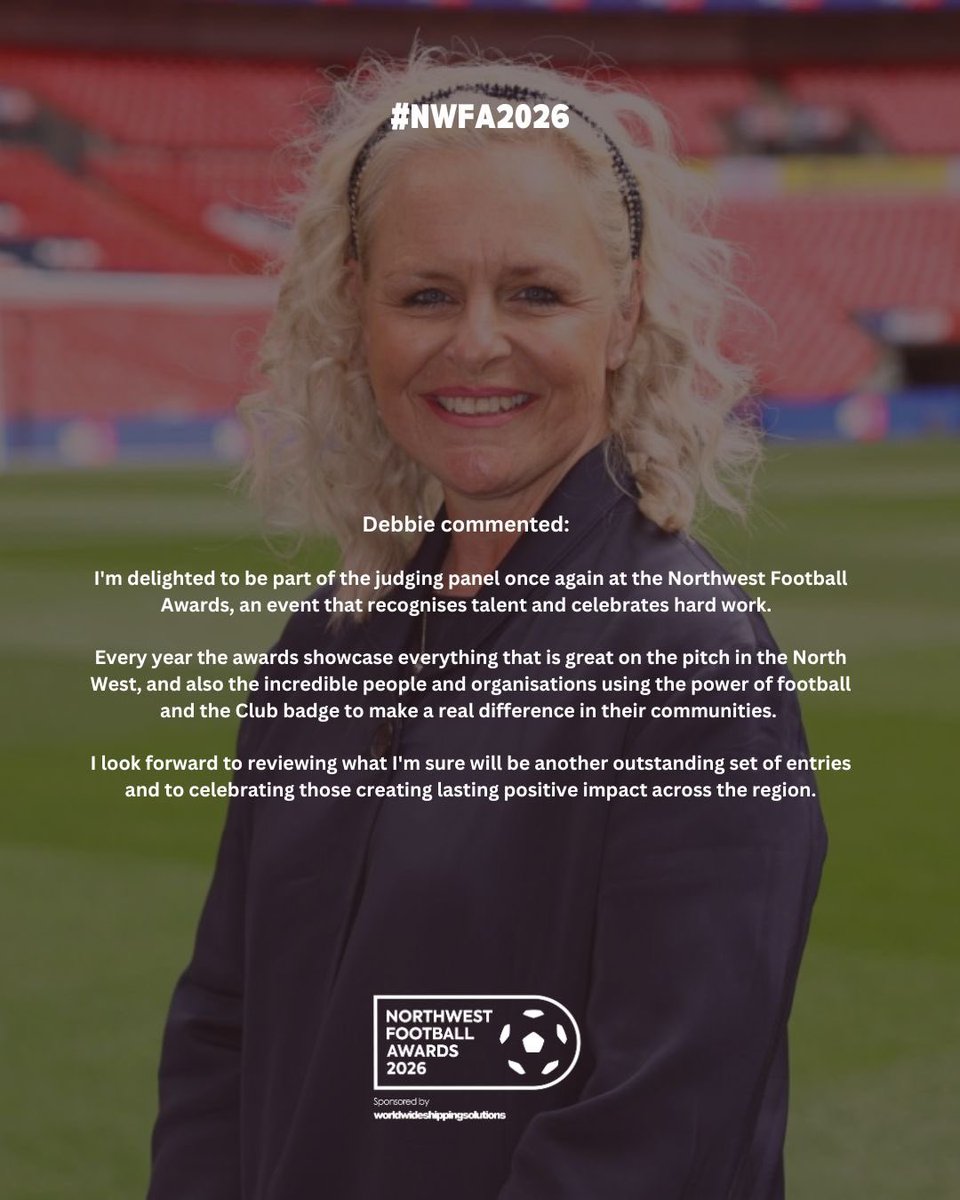 NWFAwards's tweet photo. Meet the Judges | Debbie Cook, Director of Community at the EFL. 

With a wealth of experience championing the positive impact football has in communities across the country, Debbie brings invaluable insight to the 2026 judging panel. 

👏#NWFA2026 https://t.co/NxCMXQRjcO