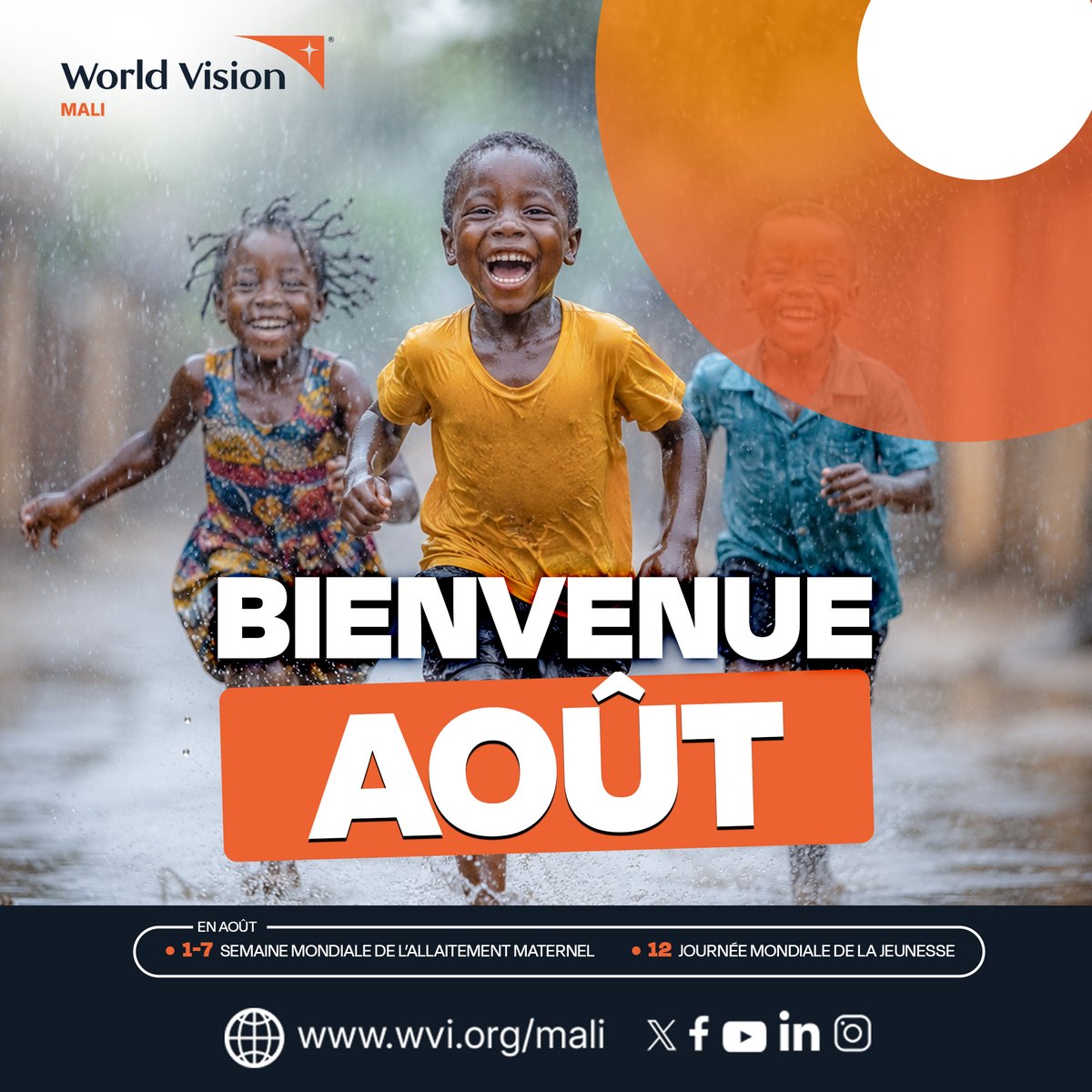 WVMali's tweet photo. Bon mois d'août à toutes et à tous ! 🌦️🤗
Toute l'équipe de @WVMali vous souhaite un mois rempli de paix, de santé, de belles réalisations et de la grâce divine.
#PourLesEnfants
#TeamOrange 🟧
#WorldVisionMali https://t.co/O6dIY5CiwU