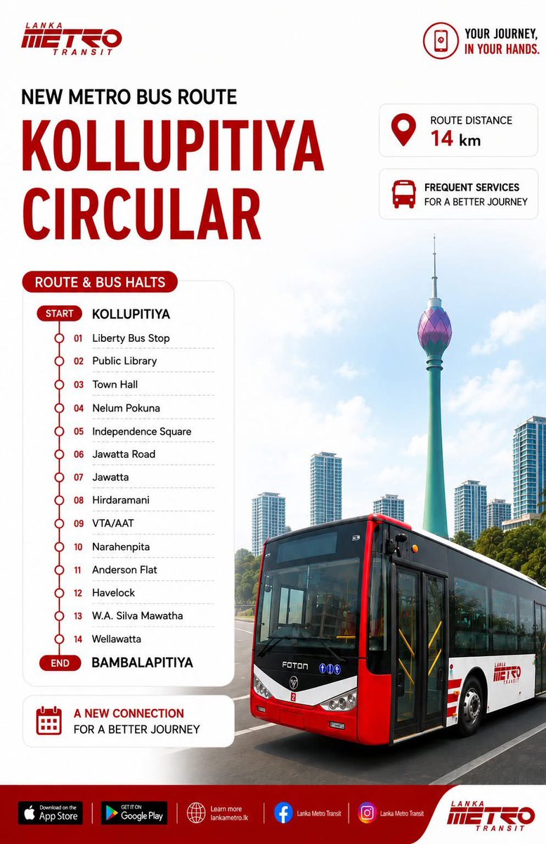 KaviSenu's tweet photo. Another major step forward for Colombo’s urban transport! 🚌

Lanka Metro Transit has introduced seven new bus routes covering the Colombo metropolitan area. The aim is to provide a more efficient, convenient, and well-organized public transportation service for commuters travelling within the city and its surrounding suburbs.

New routes:

Makumbura ➜ Pettah (23.3 km)
Millennium City ➜ Colombo Fort (22.3 km)
Kadawatha ➜ Makumbura (34.8 km)
Dematagoda ➜ Panadura (28.7 km)
Battaramulla ➜ Ekala (29.9 km)
Kollupitiya Circular Route (14 km)
Kesbewa ➜ Pettah (35.7 km)