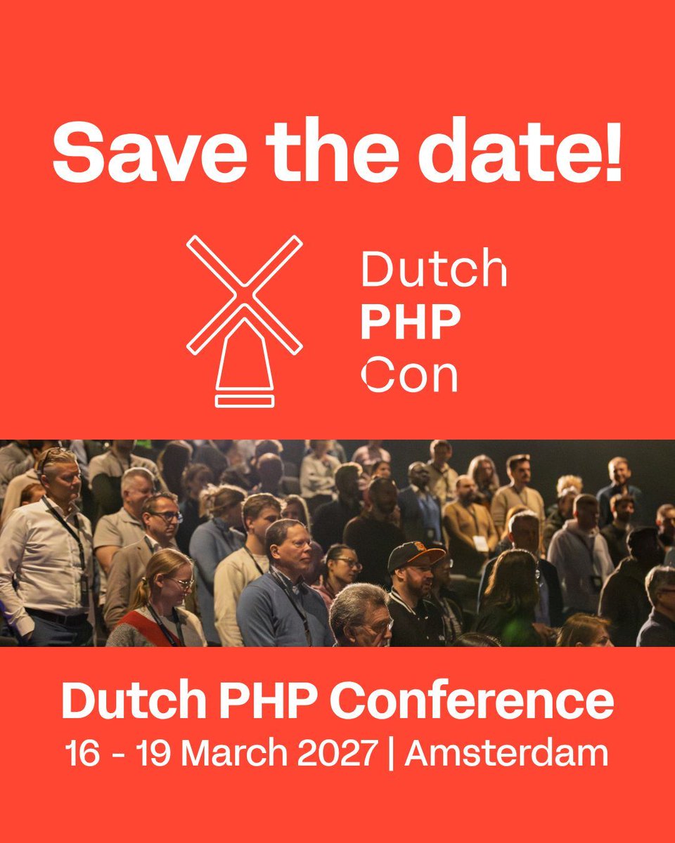 dpcon's tweet photo. 📅 Save the date: Dutch PHP Conference returns 16–19 March 2027!
Get ready for another edition filled with PHP development, inspiring talks and valuable connections. 🚀
#dpc27 #php #savethedate https://t.co/gwnL18LP8o
