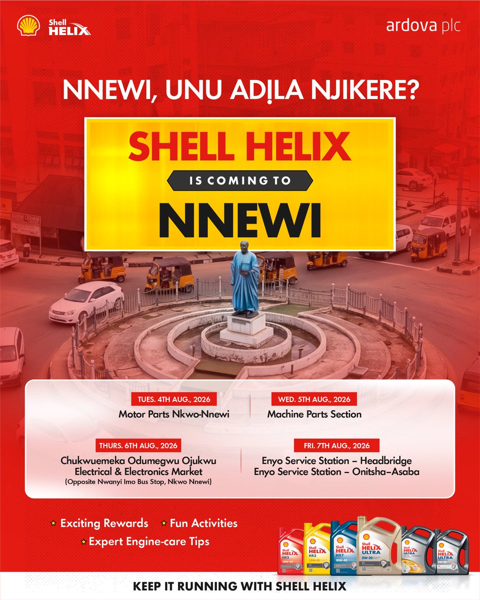 ardovaplc's tweet photo. Nnewi, unu adịla njikere? 

The wait is over. Shell Helix is rolling into town, and we can't wait to meet you. Come through, bring your people, and be part of the experience.

#KeepItRunning 
#ShellHelix 
#Nnewi 
#WeAreBringingTheHeat 
#ArdovaPlc https://t.co/mhbnTc4Xvm