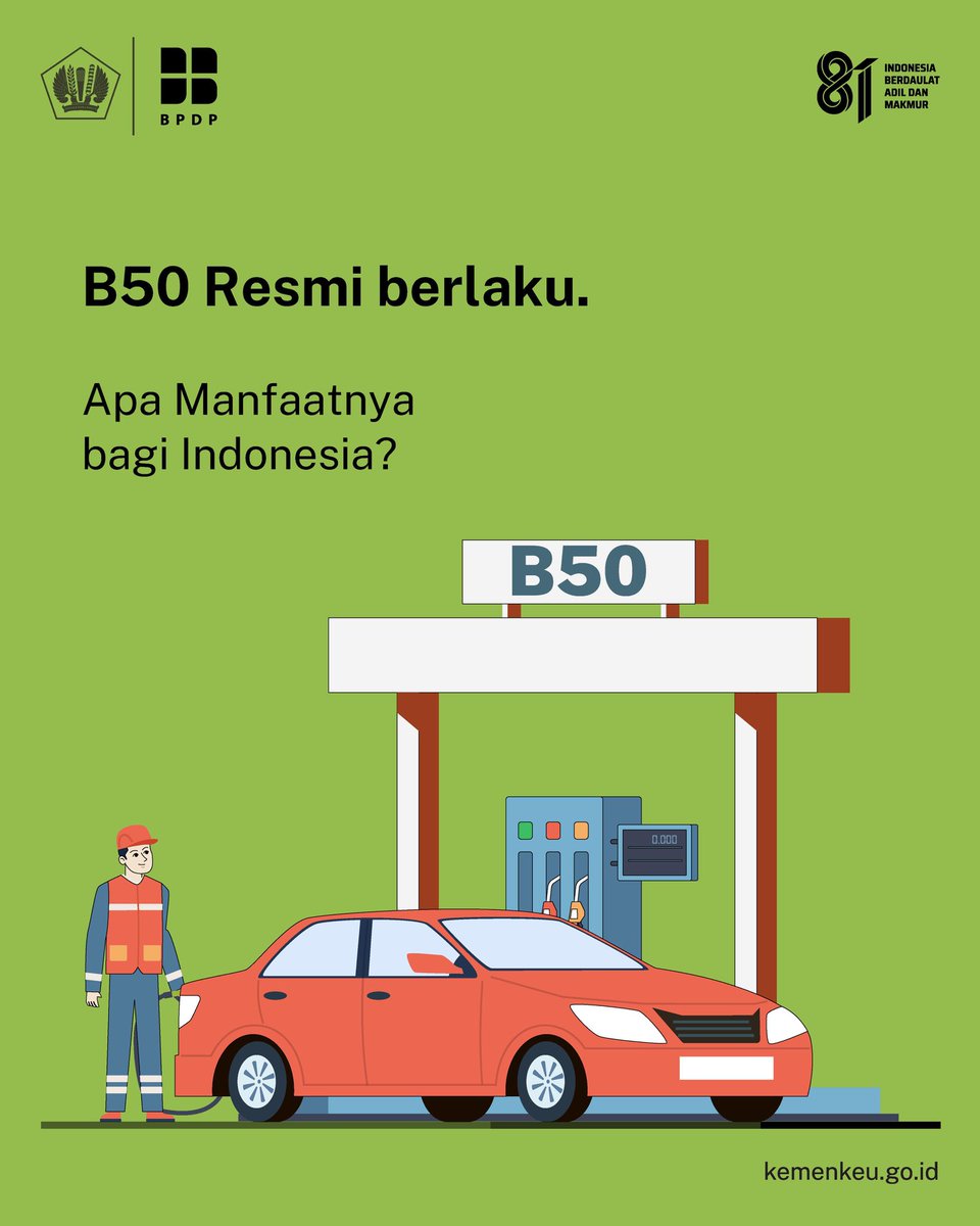 KemenkeuRI's tweet photo. B50 resmi berlaku di Indonesia mulai 1 Juli 2026!

Apa itu B50? Kenapa Indonesia menerapkannya?🤔

Simak selengkapnya di sini.👇🏻 https://t.co/olPSaGDZ2B